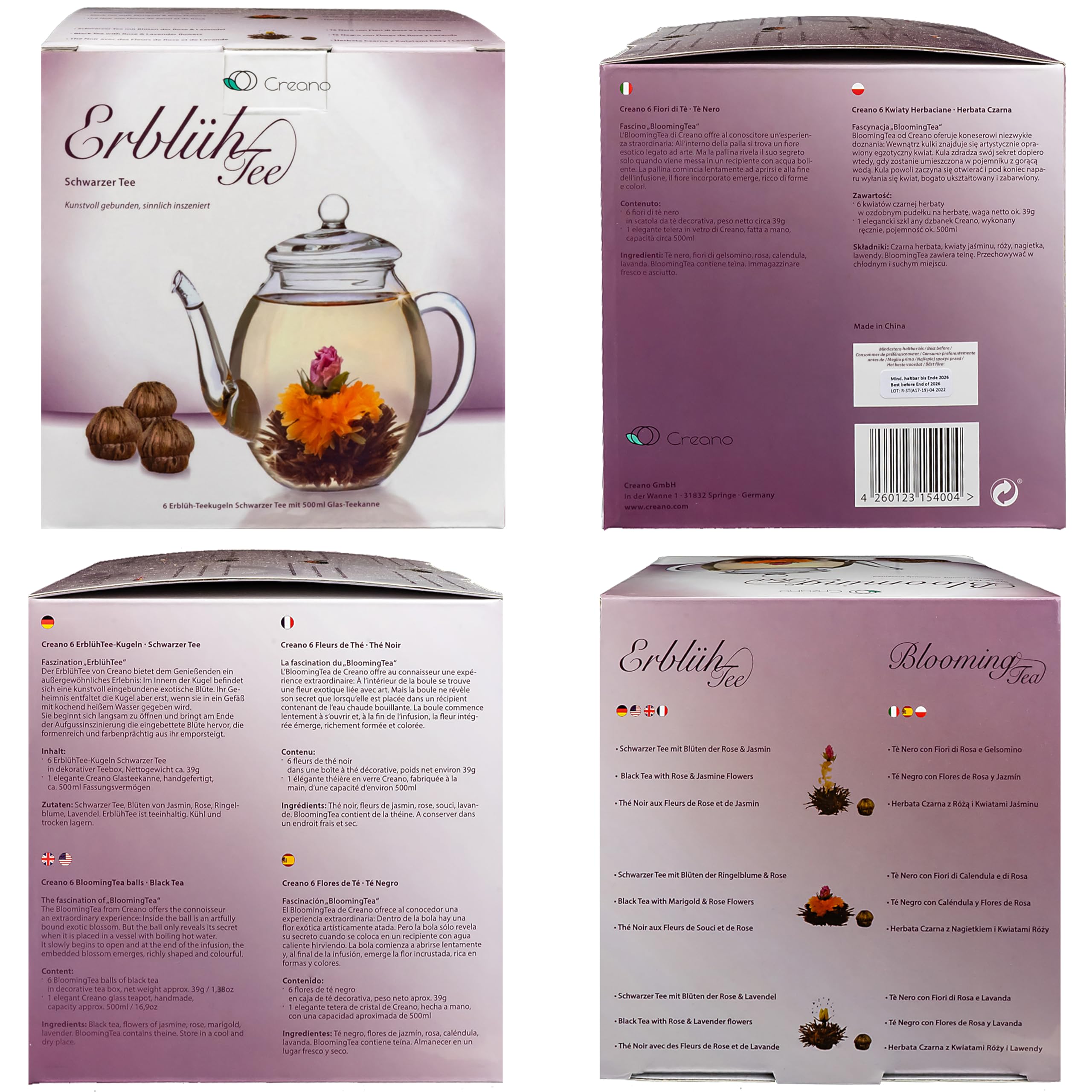 Creano Blooming Tea Gift Set with Glass Teapot 17oz (500ml) - Green Tea Fruity Flavoured Tea Flowers in 6 Varieties - Flowering Tea Gift for Easter
