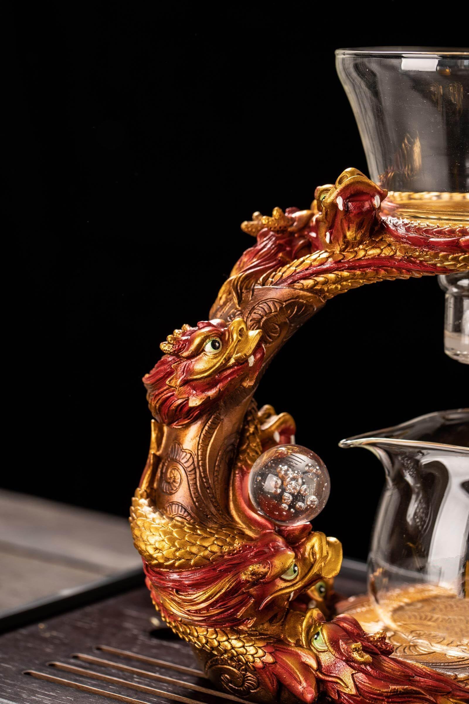 Glass Teapot Set with Infuser Semi Automatic Dragon Tea Set with 6 Small Cups (red golden dragon-b)
