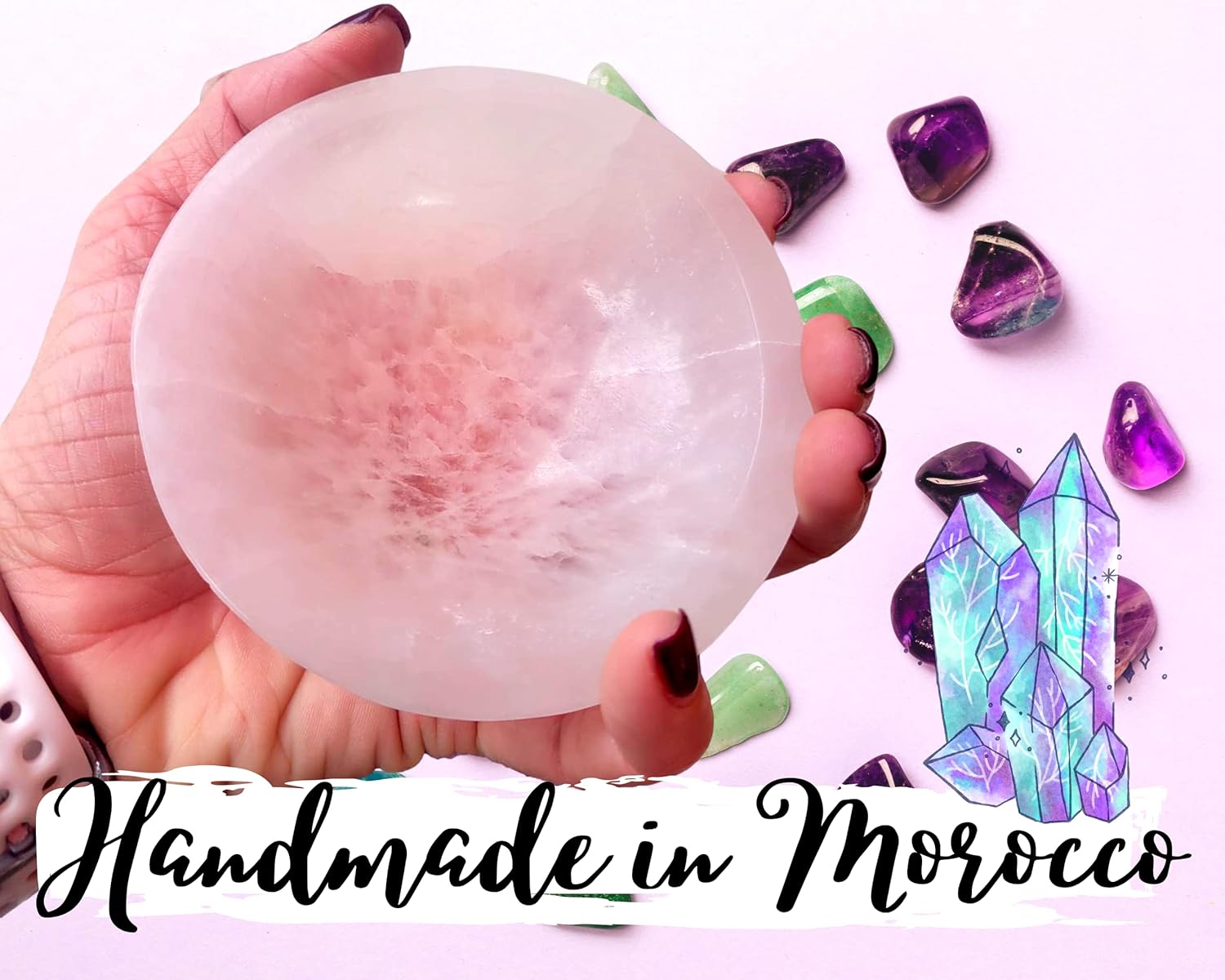 Selenite Charging Bowl & Amethyst Crystal Bracelet Gift Set - Polished Thickly Hand-Carved, Moroccan Crystal Holder to Charge, Cleanse Crystals, Smudging Bowl, Spiritual Gifts Set (Amethyst)