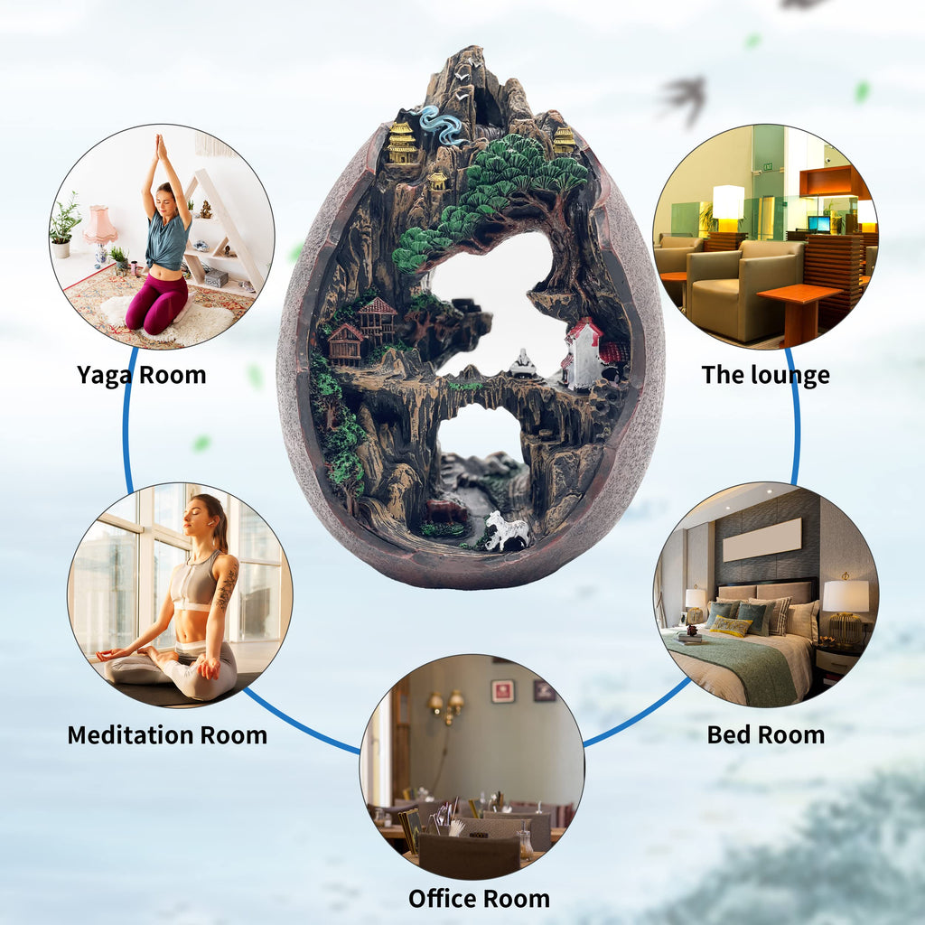 Mountain Waterfall Incense Burner，Backfall Incense Holder River, Incense Falls Meditation Decor for Room with Upgrade Incense Cones and Accessories (5in1 Palo Santo)