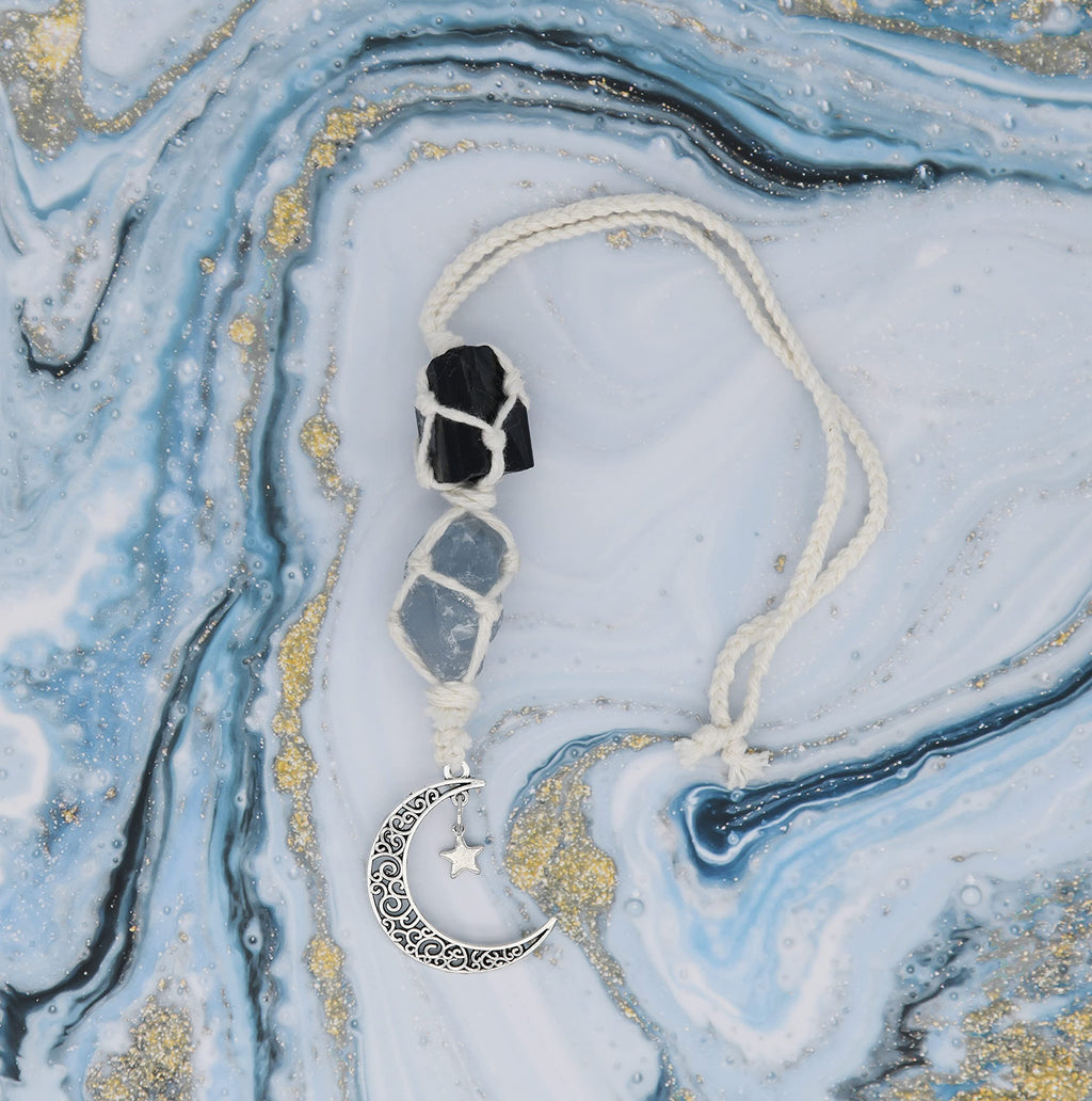 BOHO GARDEN Crystal Hanging Car Charm - Purple Rear View Mirror Hanging Car Accessories for Women, Moon Decor Hanging Ornament, Witchy Gifts and Healing Stones - Rose Quartz & Amethyst