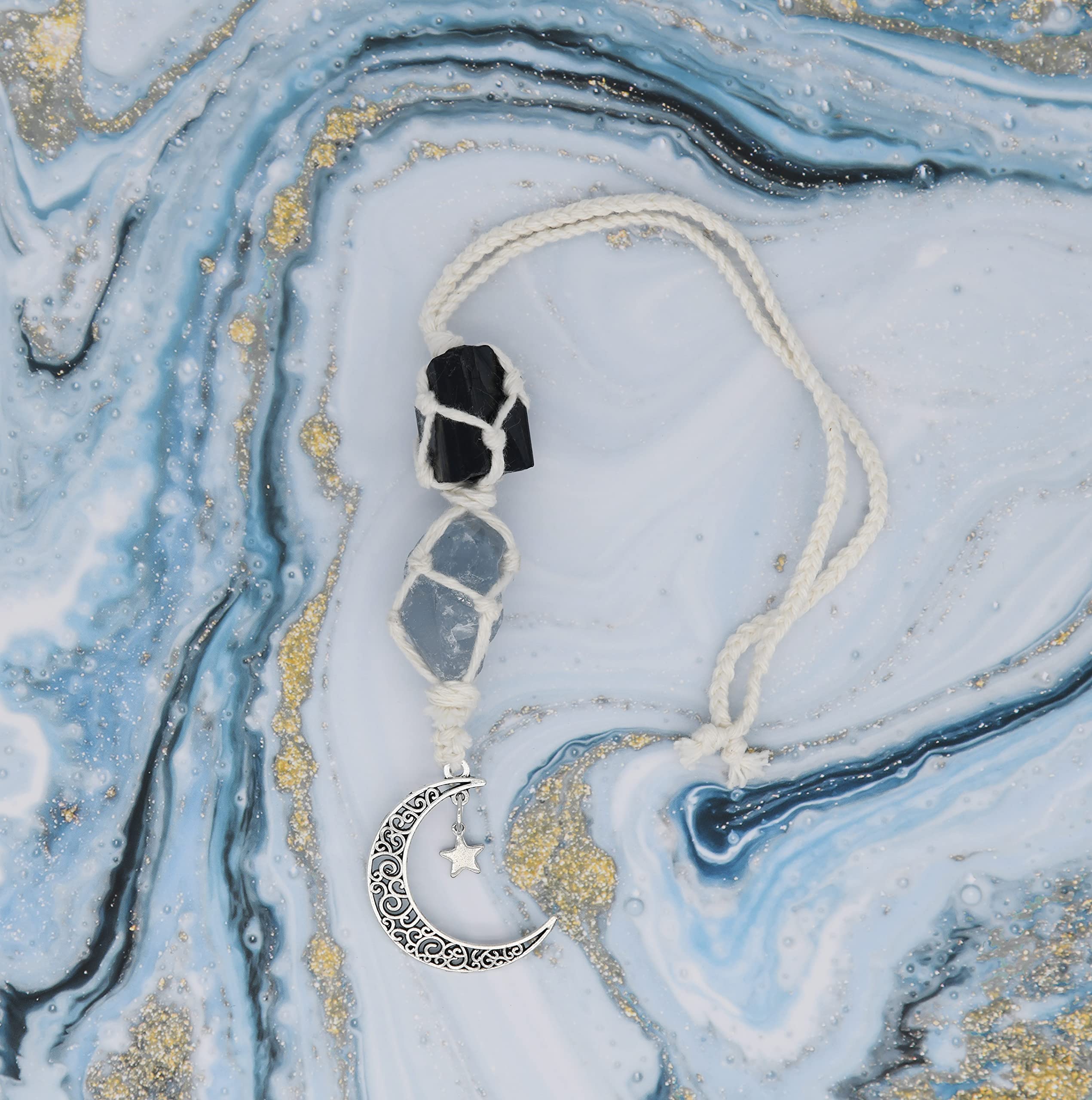 BOHO GARDEN Crystal Hanging Car Charm - Purple Rear View Mirror Hanging Car Accessories for Women, Moon Decor Hanging Ornament, Witchy Gifts and Healing Stones - Rose Quartz & Amethyst