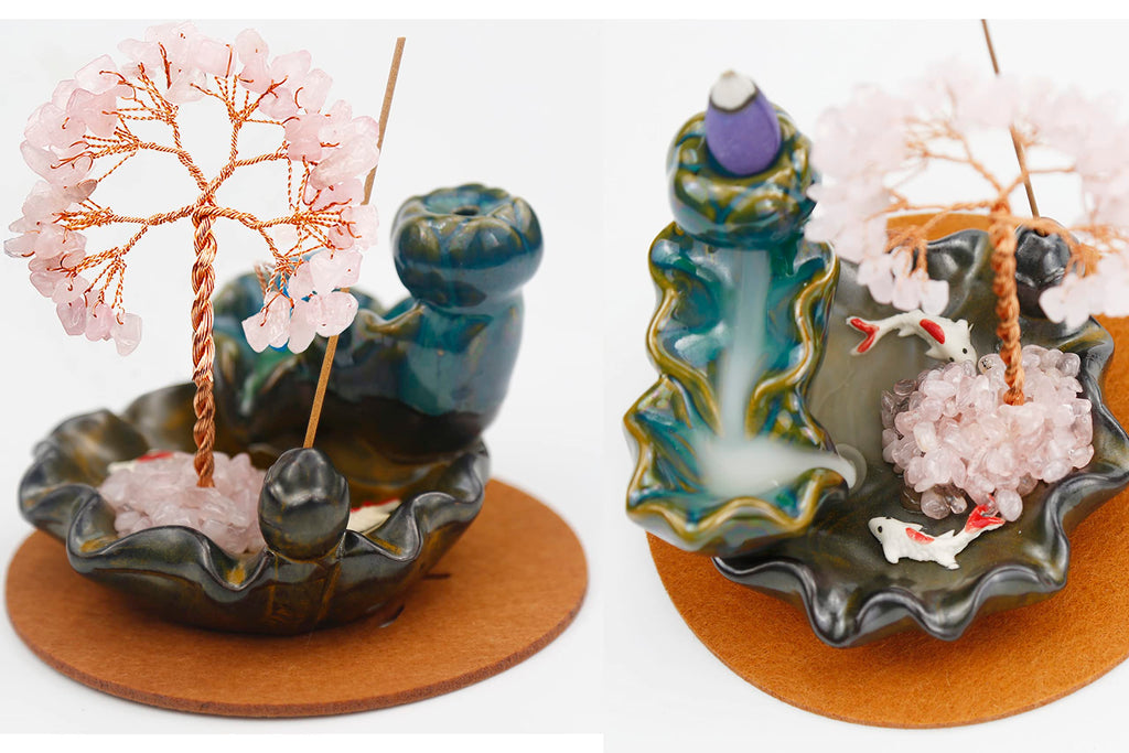 Waterfall Burner, Crystal Tree Backflow Incense Holder, with 30 Incense Cones, 30 Incense Stick, 1 Healing Crystal Necklace, Aromatherapy Anxiety Relief Items, Mom Gifts for Christmas