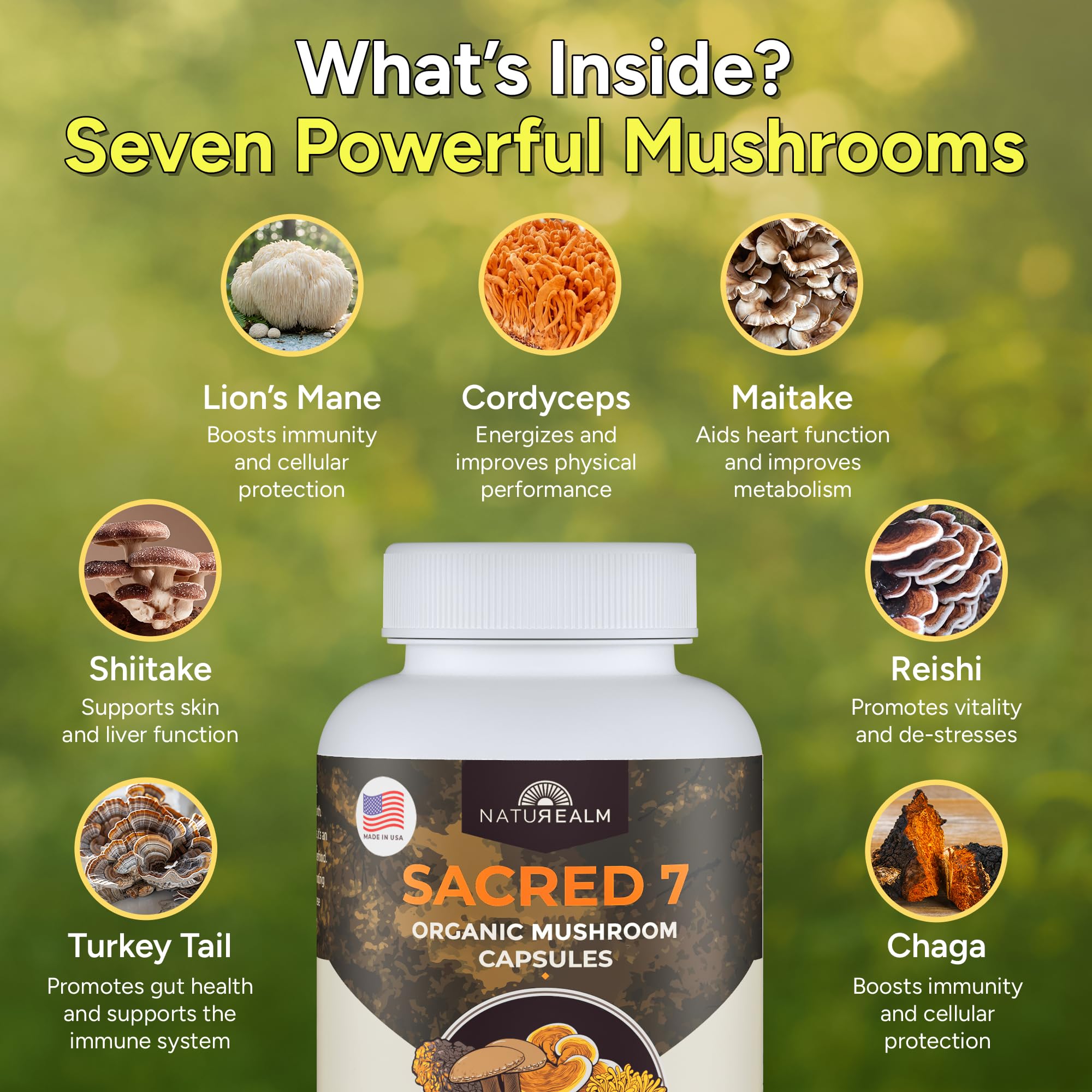 Naturealm Sacred 7 Organic Mushroom Powder Supplement | 7-Month Supply | 7-in-1 Blend with Lions Mane, Reishi, Chaga | Brain & Immune Support | 100% Fruiting Bodies for Coffee & Smoothies