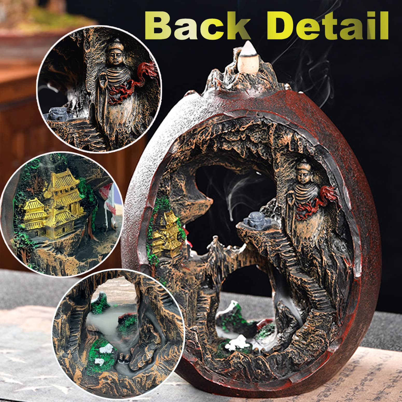 Mountain Waterfall Incense Burner，Backfall Incense Holder River, Incense Falls Meditation Decor for Room with Upgrade Incense Cones and Accessories (5in1 Palo Santo)