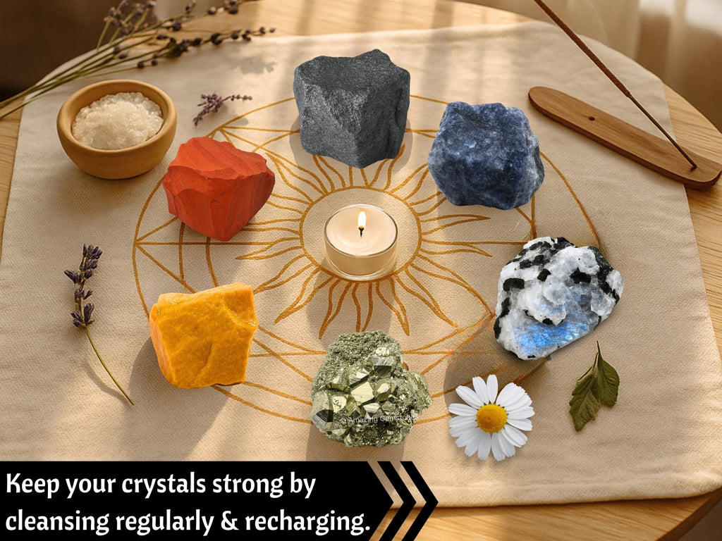 Amazing Gemstone Crystals for House Protection Manifestation, Set of 6 Amethyst, Scolecite, Shungite, Black Tourmaline, Selenite and Moss Agate Healing Crystals and Stones