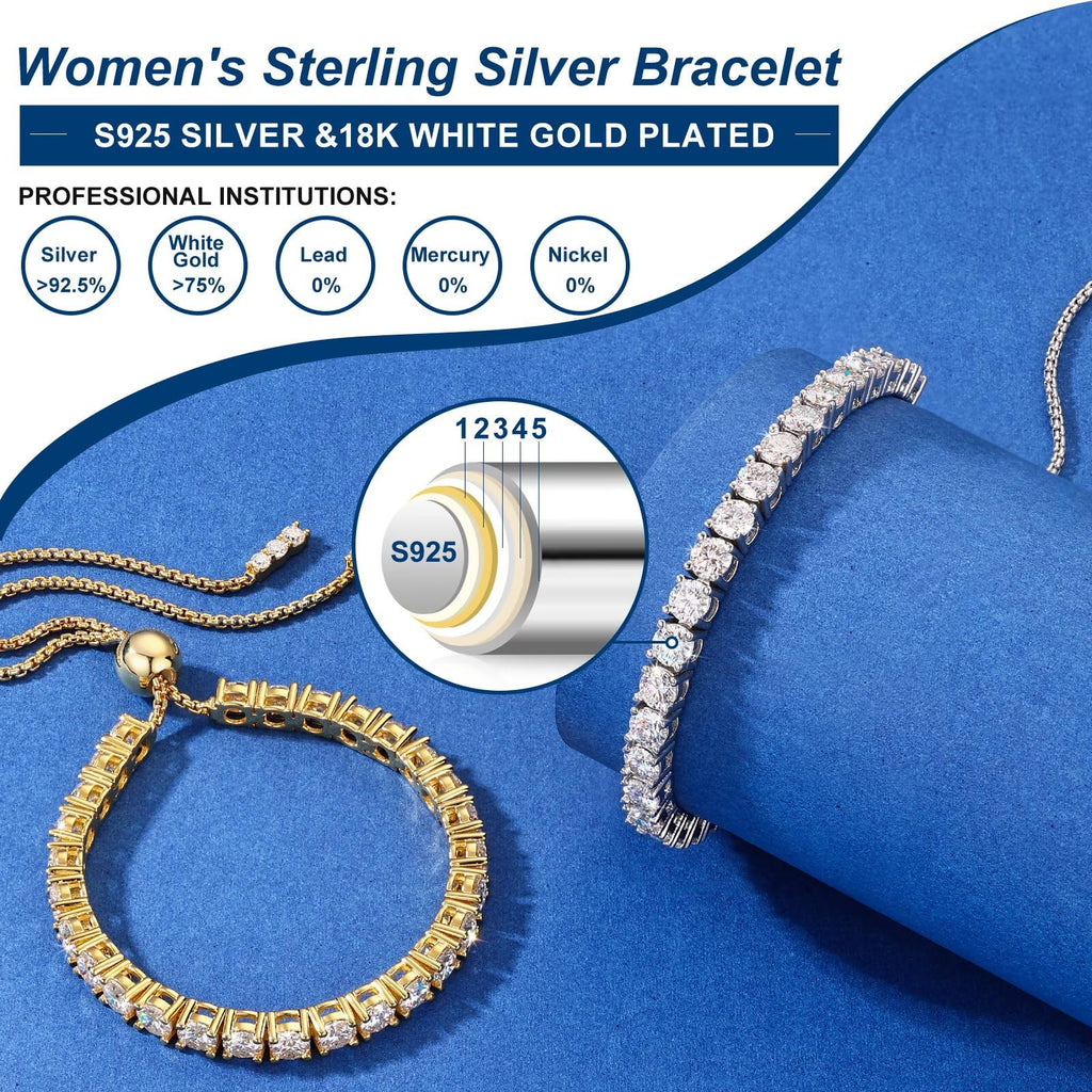 Moissanite Tennis Bracelet 1.79ct-8.69ct Adjustable Bracelet for Women 18K White Gold Plated S925 Sterling Silver Tennis Bracelet D Color VVS1 Round Cut 2/3/4mm Moissanite Bracelet Gifts for Wife/Mom