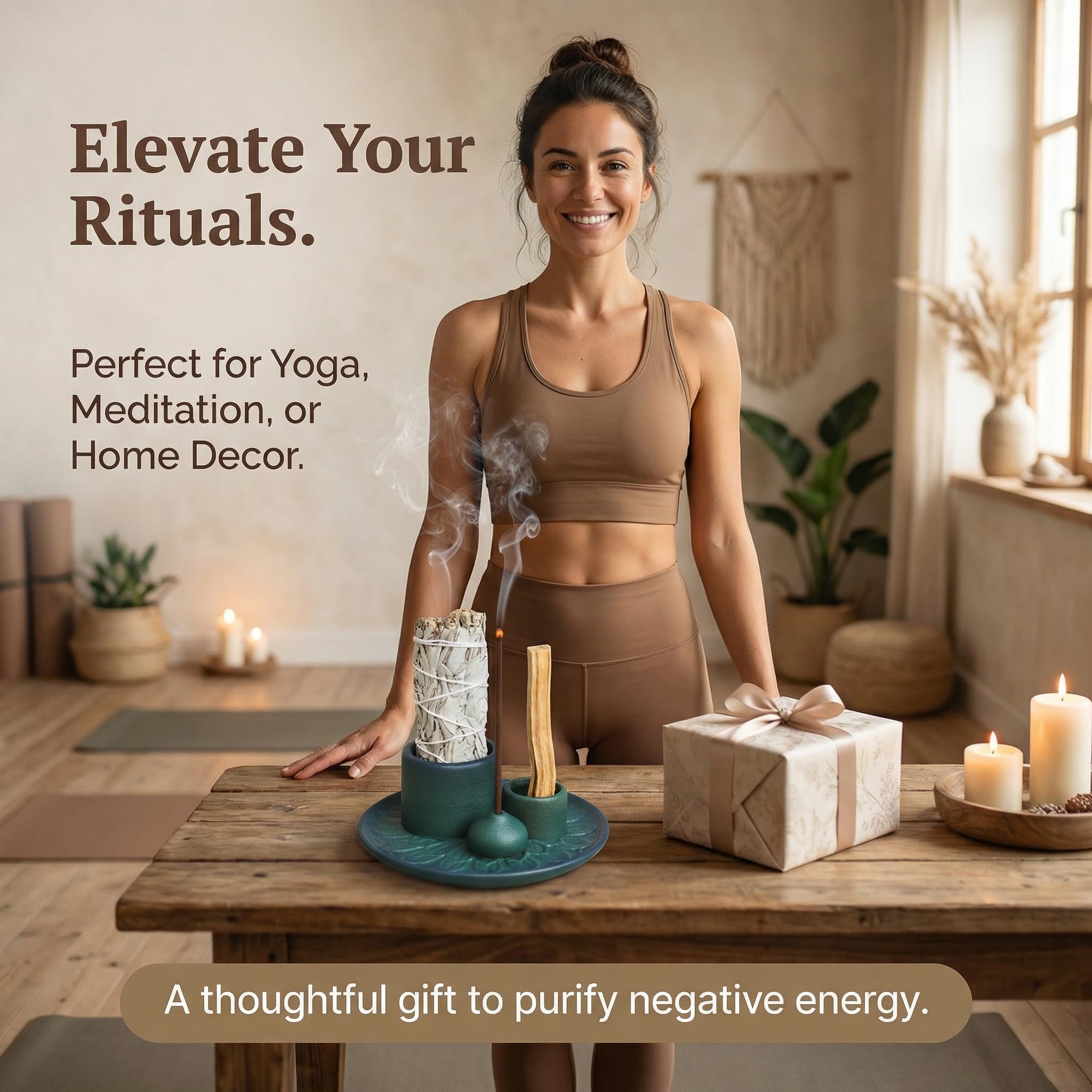 Handmade Ceramic Incense Burner for Palo Santo Incense Sticks, 4 in 1 Multi-Purpose Sage Holder for Burning, Ash Catcher Tray for Meditation Yoga Room (Golden)