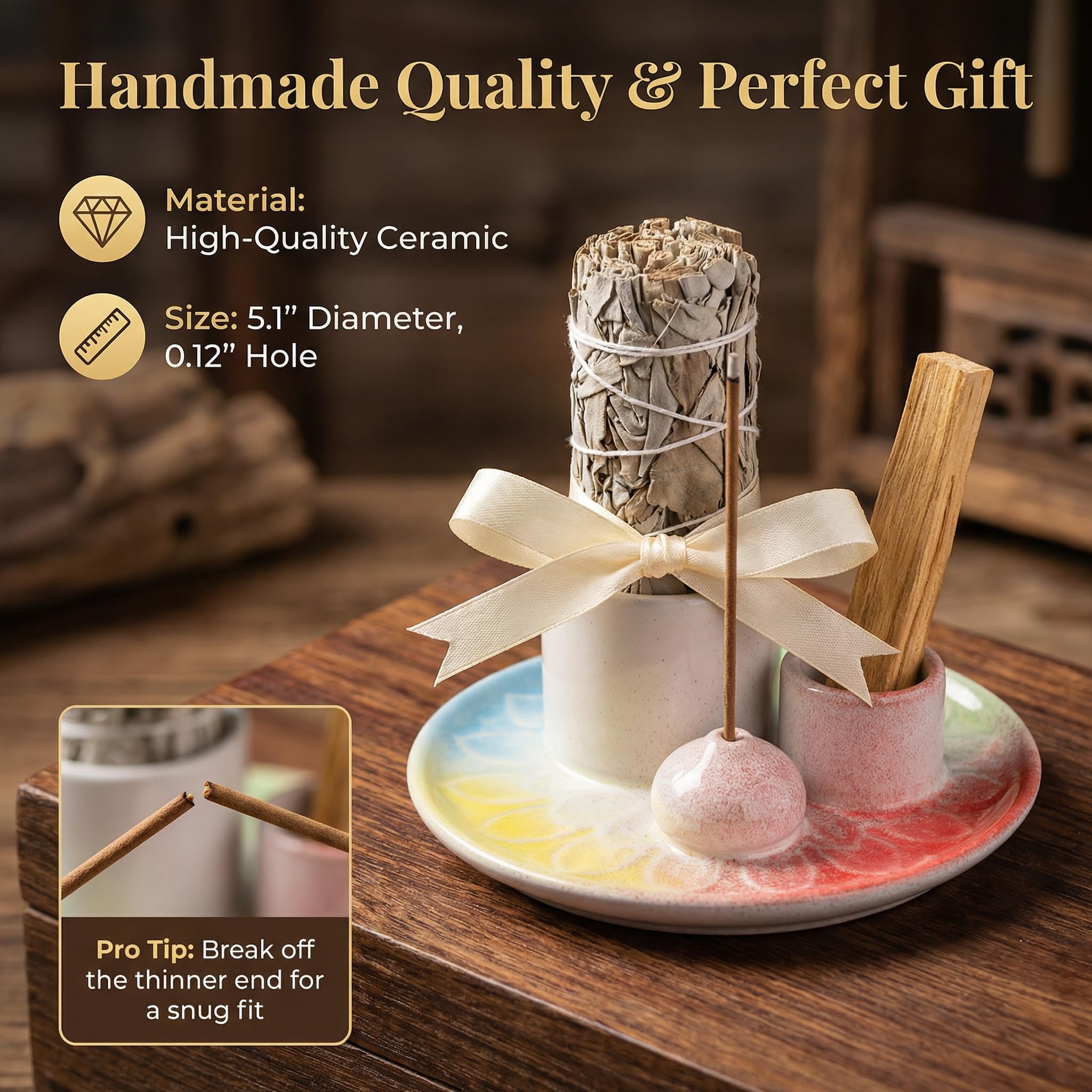 Handmade Ceramic Incense Burner for Palo Santo Incense Sticks, 4 in 1 Multi-Purpose Sage Holder for Burning, Ash Catcher Tray for Meditation Yoga Room (Golden)