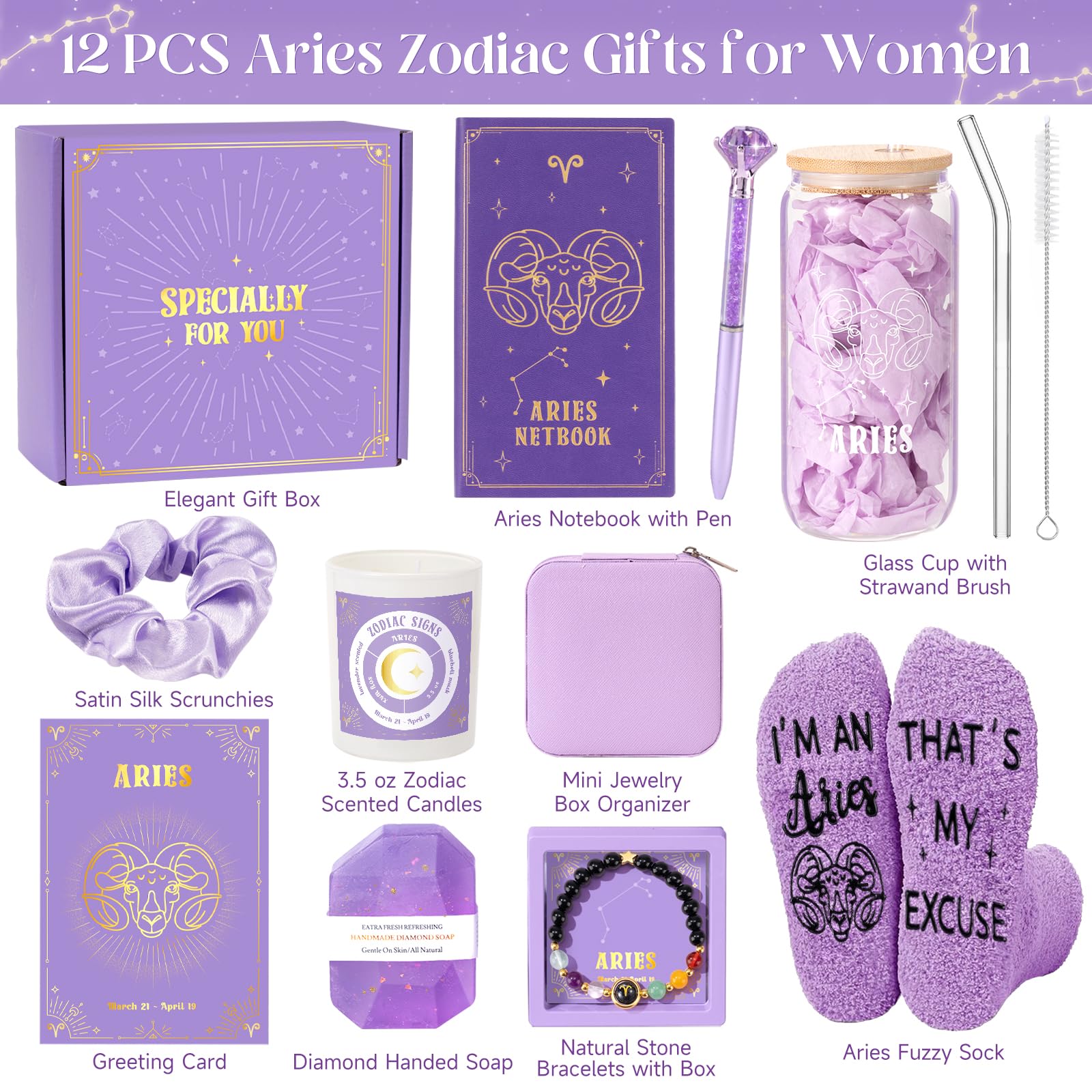 Pisces Birthday Gifts for Women, 12PCS Purple Zodiac Gift Baskets for Women with 16 oz Pisces Glass Cup Candle Mini Jewelry Gift Box, Unique Womens Birthday Gifts for Best Friend, Her, Mom, Sister