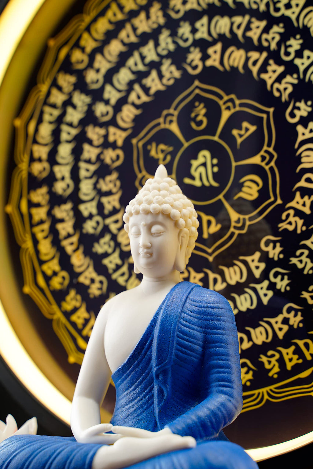 Houlu Yellow Buddha Statue and Circle LED Table Lamp, Ceramic Buddha Statue for Home Décor