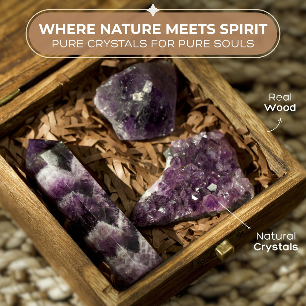 Anima Premium Protection Healing Crystals Set for Energy Shielding - Large Raw Obsidian, Black Tourmaline, Labradorite, Smoky Quartz & Selenite Bar - Wooden Gift Box and Guide Booklet Included