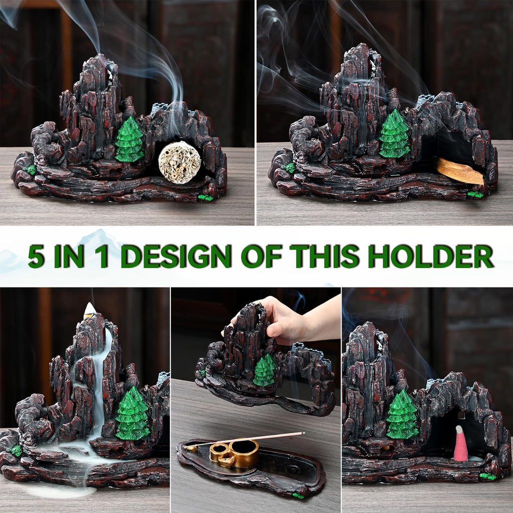 Mountain Waterfall Incense Burner，Backfall Incense Holder River, Incense Falls Meditation Decor for Room with Upgrade Incense Cones and Accessories (5in1 Palo Santo)