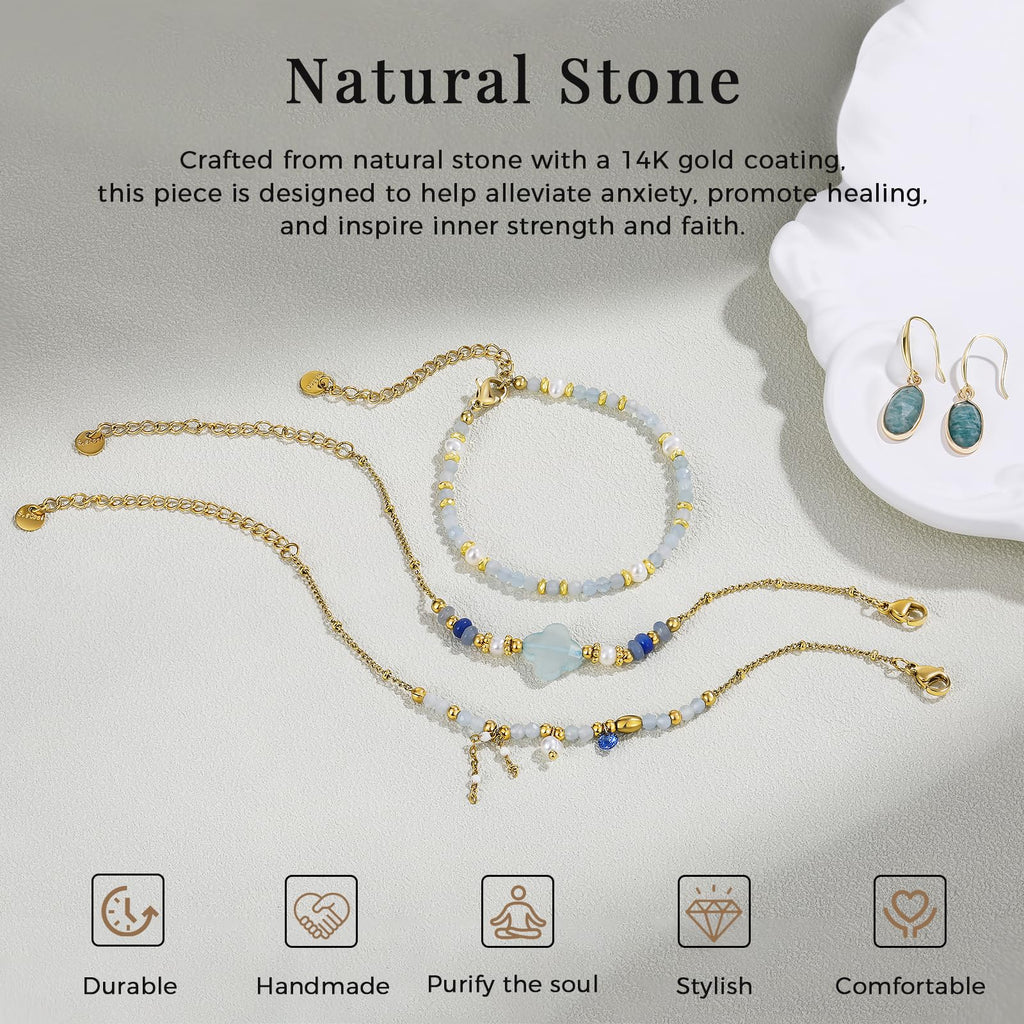 Beaded Bracelets Set for Women Stackable Healing Layered Bracelets Stack 3PCS Aquamarine Gemstone Crystal Dainty Boho Summer Jewelry for Women Natural Stone 14k Gold Plated