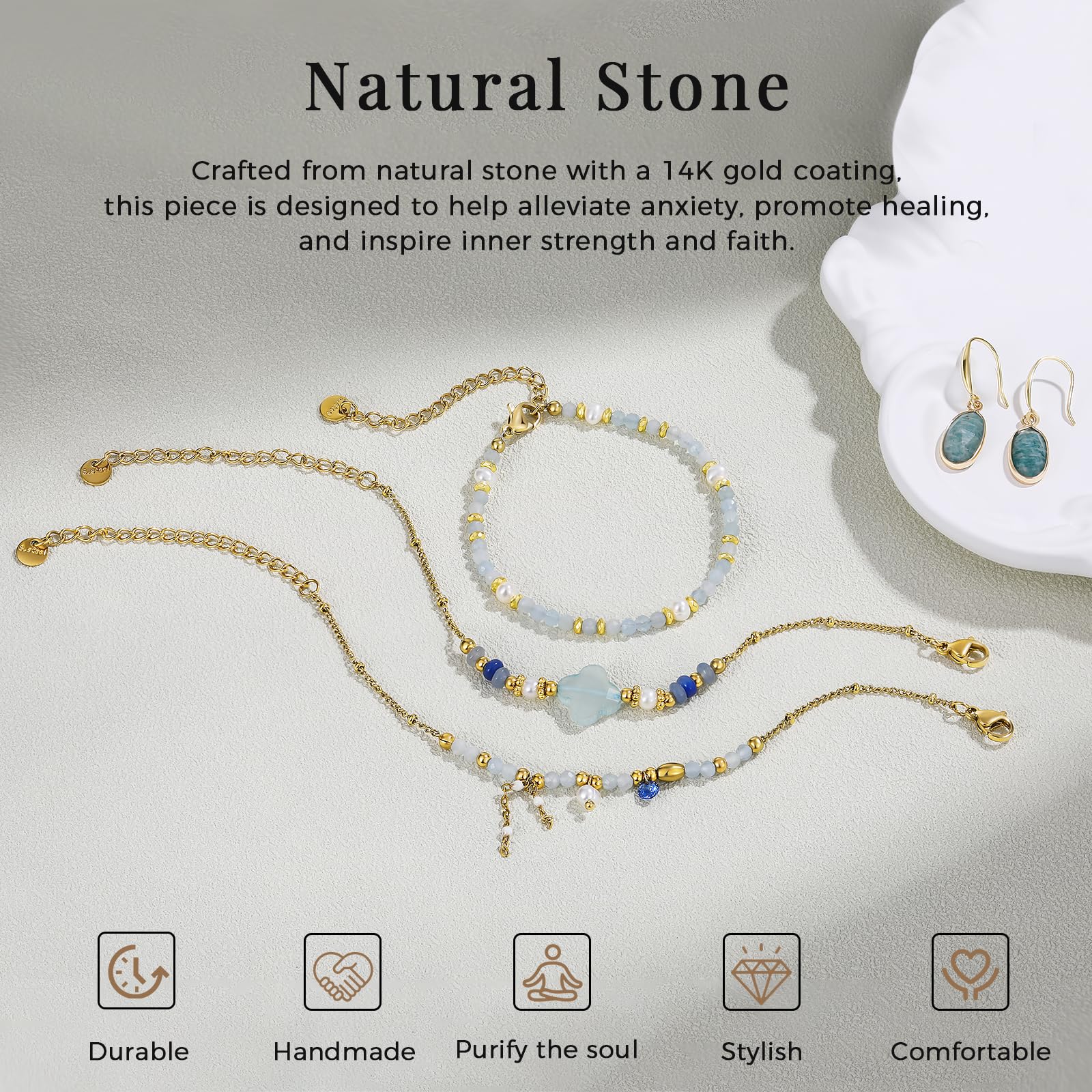 Beaded Bracelets Set for Women Stackable Healing Layered Bracelets Stack 3PCS Aquamarine Gemstone Crystal Dainty Boho Summer Jewelry for Women Natural Stone 14k Gold Plated
