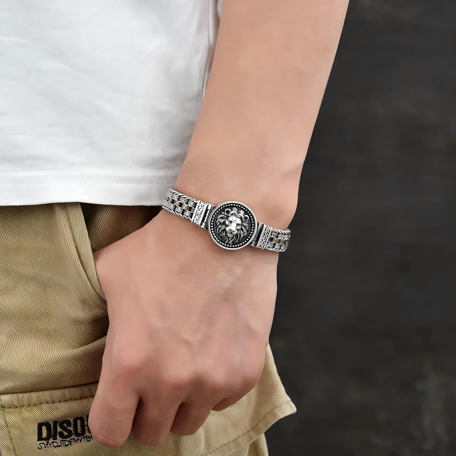 Italian Handmade Sterling Silver Mens Bracelets | Solid S925 Chain Bracelets | Men's Silver Bracelet Gift for Dad, Boyfriend, Son, My Man (8.6'' Lion Circular Vintage)