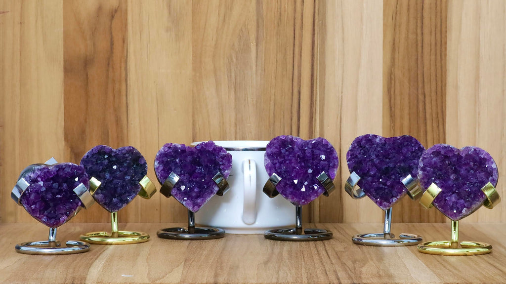Hand-carved Amethyst Heart Cluster with Stand, Natural Raw Crystal Heart Stone 1–7 Inch tall (50g–1200g), Reiki Healing Gemstone, Love, spiritual Valentine Gift. (200-350 Grams-1.5 to 2.5" tall)