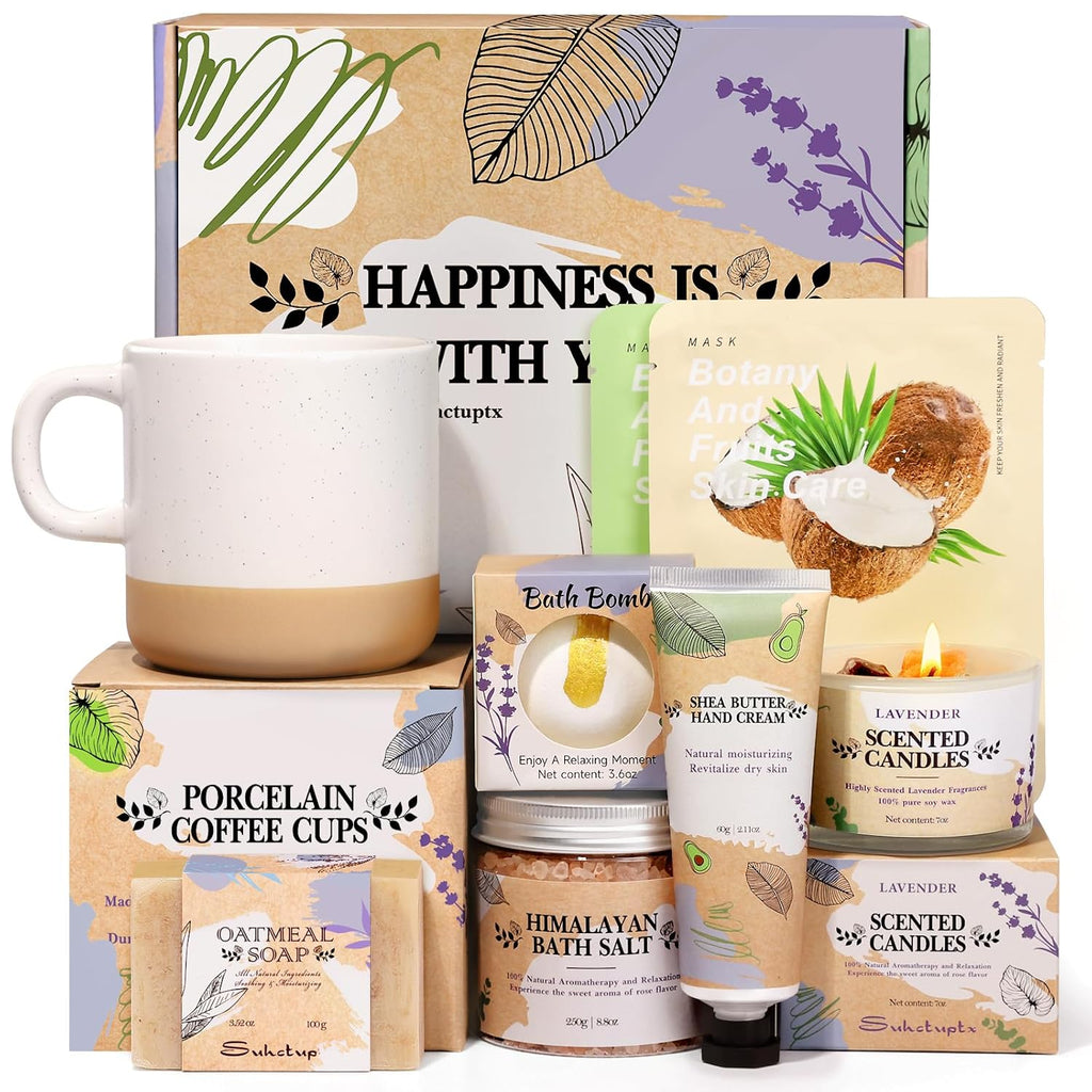 Gifts for Women, Birthday Gift for Women Spa Gifts Self Care Baskets Christmas Gift Relaxing Bath Set with Coffee Cups Latte Mug for Mom Sister Wife Friendship
