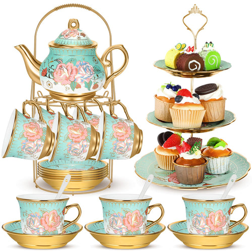 21 Pcs Ceramic Teapot Set Vintage Porcelain Tea Cups with Metal Holder and High Tier Cupcake Stand Saucers for Women Girls Farmhouse European Weddings Party Decor Gifts(Pink,Spring)
