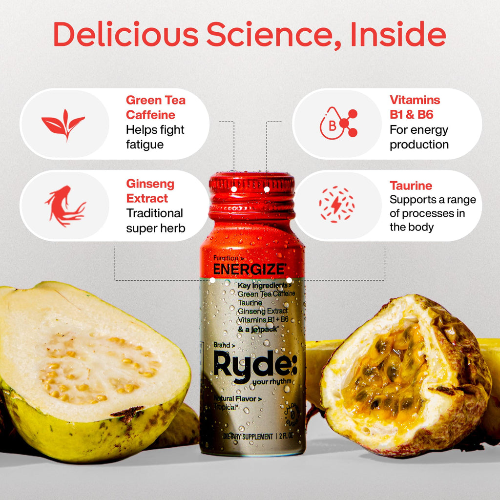 Ryde: Energize Shot | Tropical Flavor | Green Tea Caffeine, Taurine, Ginseng Extract & B Vitamins | 0 Calories, 0 Sugar | 2 FL OZ Shots | Boosts energy* (8 Pack)