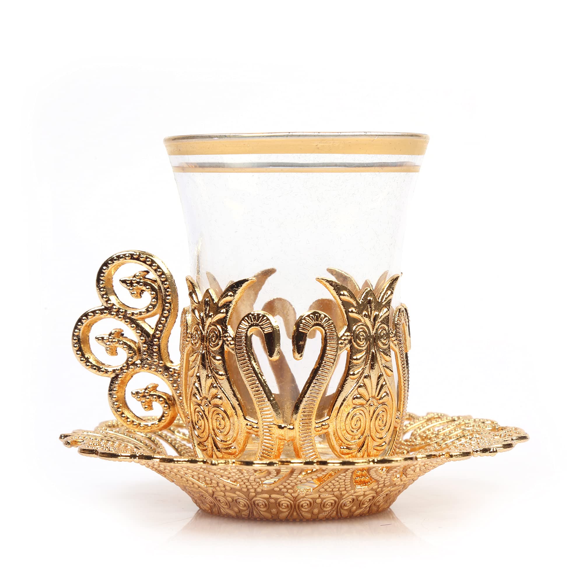 Alisveristime (SET OF 6 Handmade Turkish Tea Water Zamzam Serving Set Glasses Saucer and Spoon (Ottoman) (Gold)