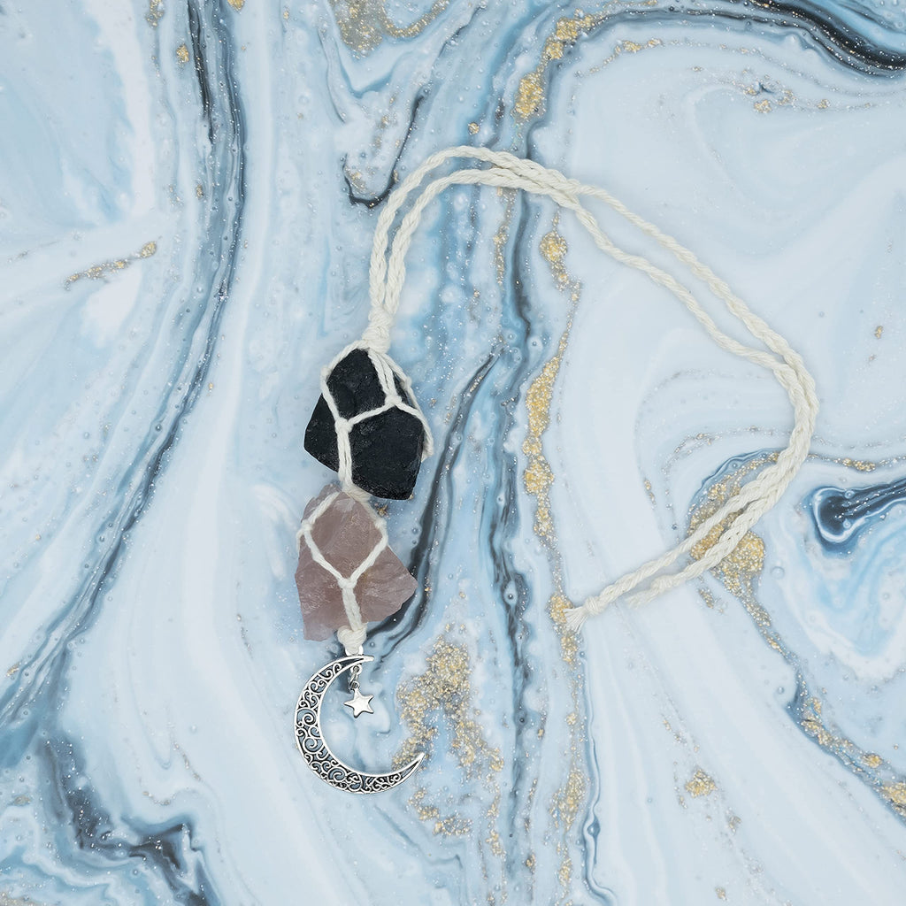 BOHO GARDEN Crystal Hanging Car Charm - Purple Rear View Mirror Hanging Car Accessories for Women, Moon Decor Hanging Ornament, Witchy Gifts and Healing Stones - Rose Quartz & Amethyst