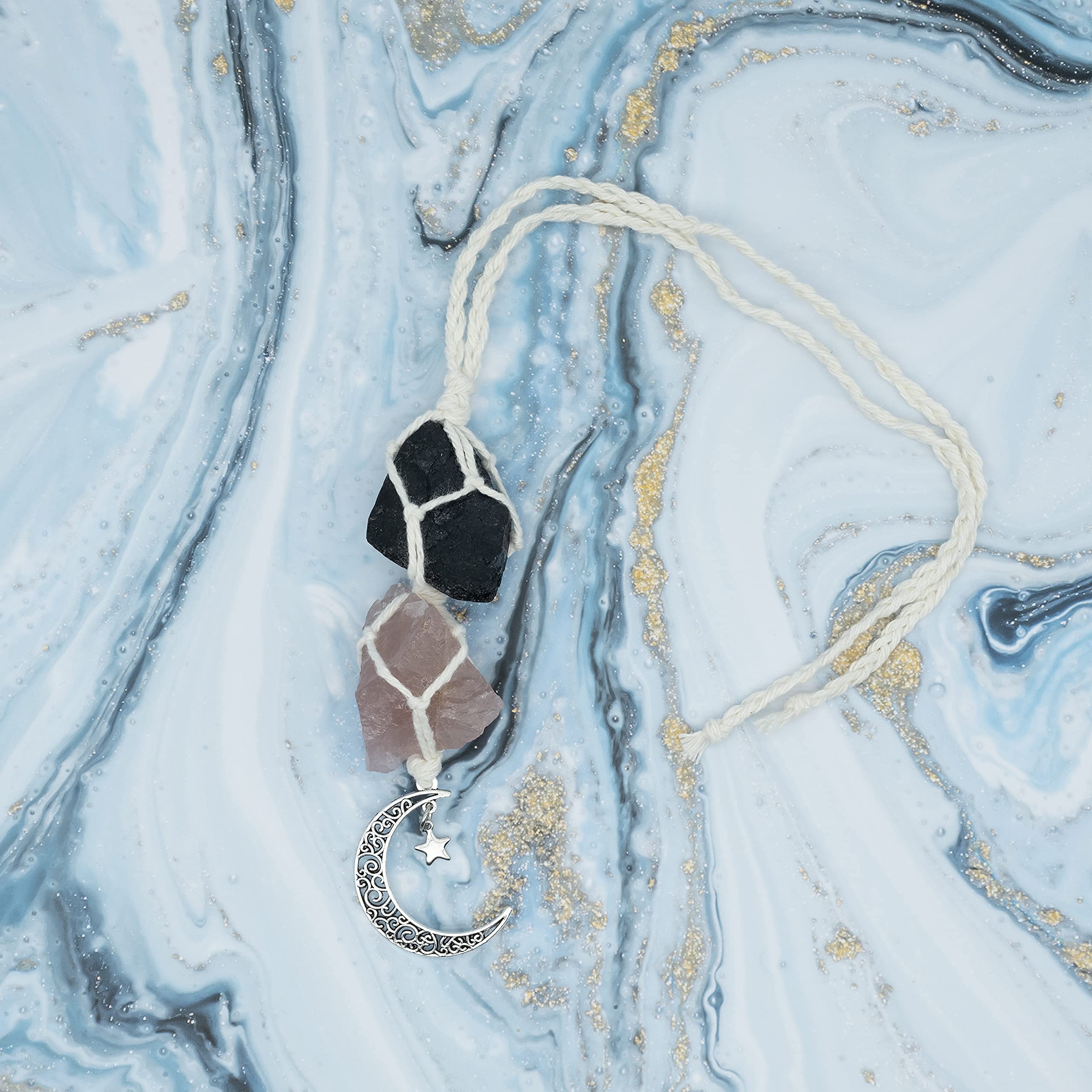 BOHO GARDEN Crystal Hanging Car Charm - Purple Rear View Mirror Hanging Car Accessories for Women, Moon Decor Hanging Ornament, Witchy Gifts and Healing Stones - Rose Quartz & Amethyst