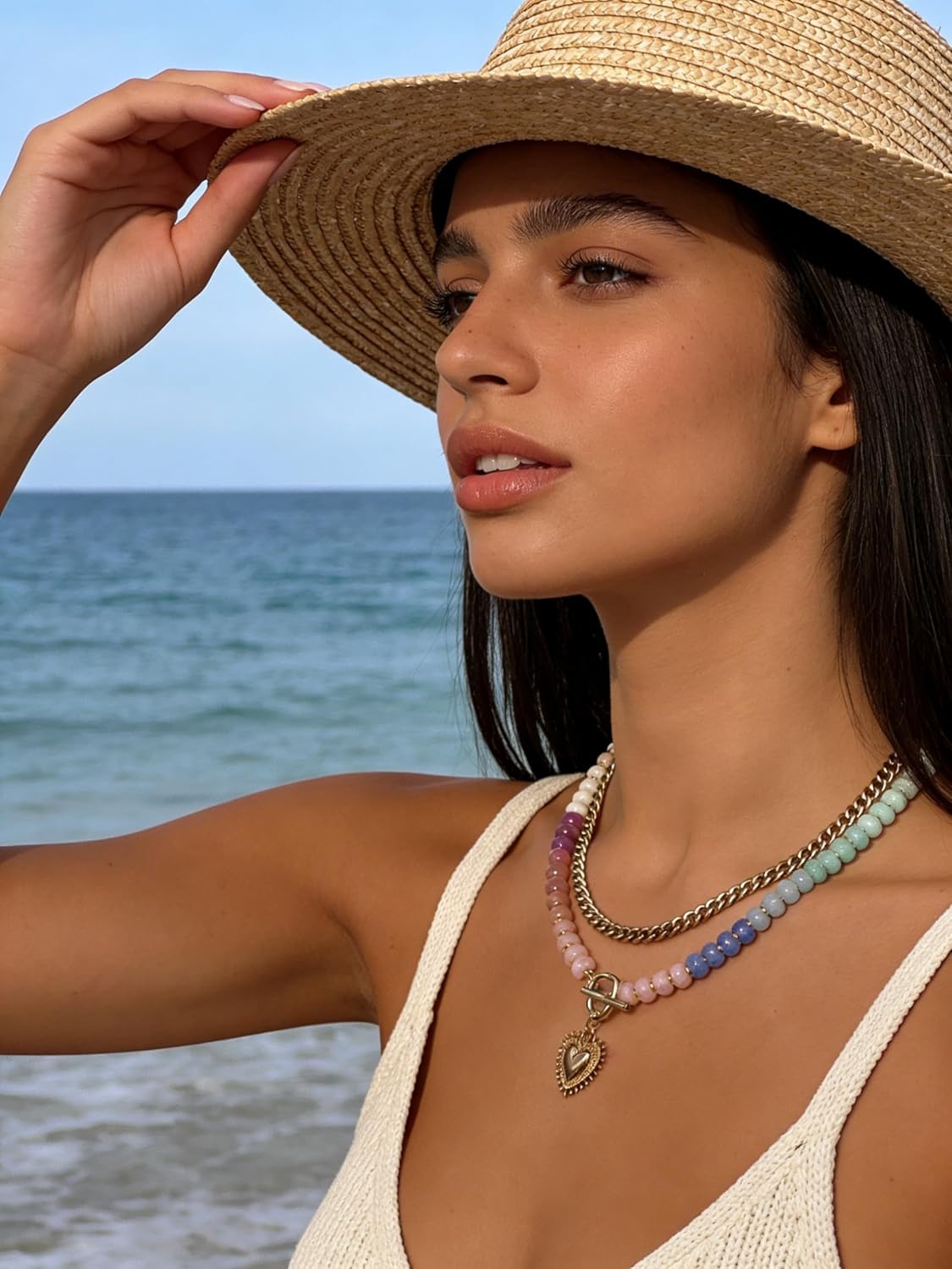 Layered Necklaces for Women, 14K Gold Plated Heart Pendant & Colorful Acrylic Beaded Choker, Cute Trendy Jewelry, Anti-Tangle Single Clasp Design, Summer Beach Boho Necklace for Women