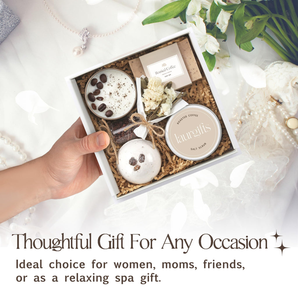 Mothers Day Spa Box for Women – Coffee Scented Candle Set with Bath Bomb & Salt Scrub, Handmade Birthday Present for Her