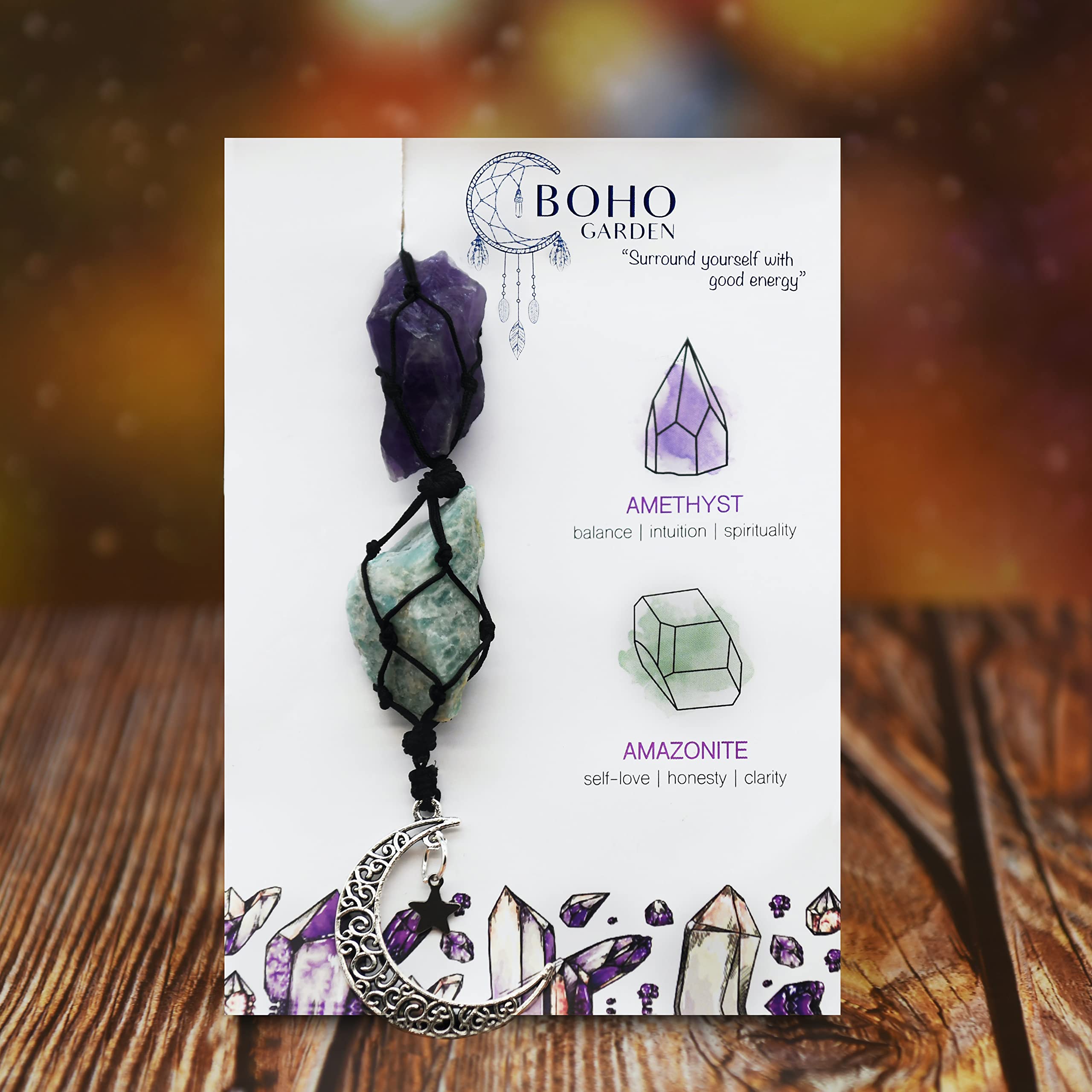 BOHO GARDEN Crystal Hanging Car Charm - Purple Rear View Mirror Hanging Car Accessories for Women, Moon Decor Hanging Ornament, Witchy Gifts and Healing Stones - Rose Quartz & Amethyst