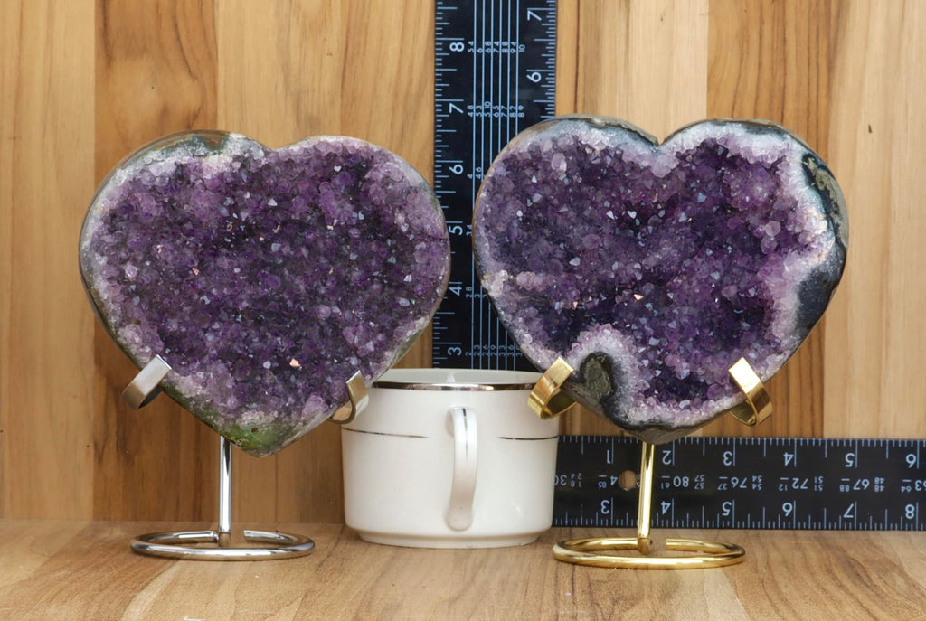 Hand-carved Amethyst Heart Cluster with Stand, Natural Raw Crystal Heart Stone 1–7 Inch tall (50g–1200g), Reiki Healing Gemstone, Love, spiritual Valentine Gift. (200-350 Grams-1.5 to 2.5" tall)