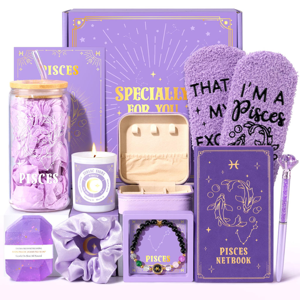 Pisces Birthday Gifts for Women, 12PCS Purple Zodiac Gift Baskets for Women with 16 oz Pisces Glass Cup Candle Mini Jewelry Gift Box, Unique Womens Birthday Gifts for Best Friend, Her, Mom, Sister
