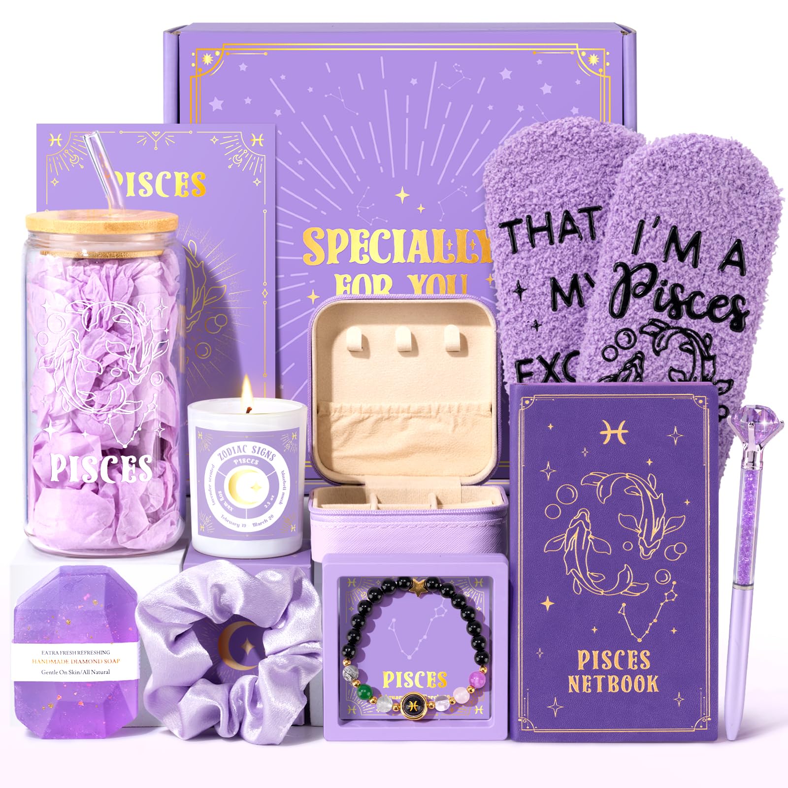 Pisces Birthday Gifts for Women, 12PCS Purple Zodiac Gift Baskets for Women with 16 oz Pisces Glass Cup Candle Mini Jewelry Gift Box, Unique Womens Birthday Gifts for Best Friend, Her, Mom, Sister