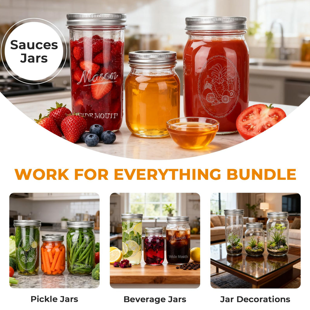 CycleMore 20 Pcs 12oz Glass Mason Jars With Silver Separable Lids, 350ml Round Canning Jars for Honey, Jam, Herb, Wedding Favor, Kitchen Storage Wide Mouth Bottles for Crafts, Meal Prep