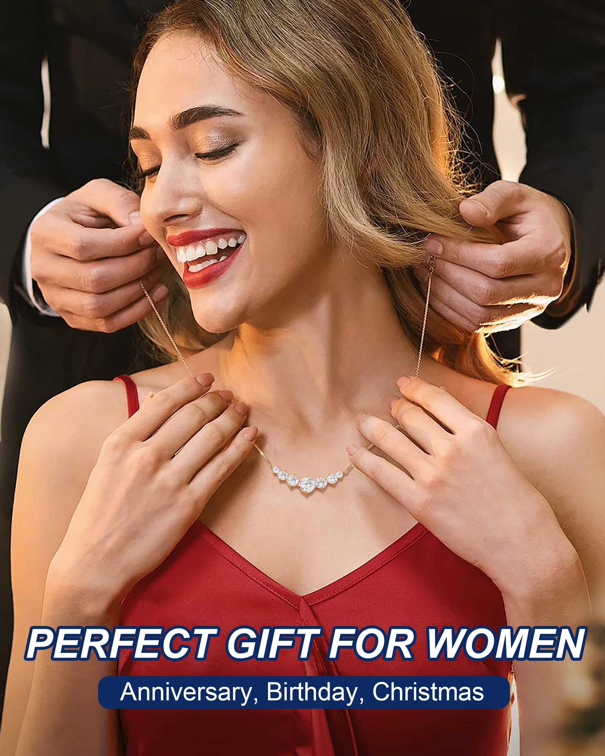 TUHE 7 Stones Moissanite Necklace for Women, 1.7-5.0 Carat Smile Moissanite Pendant Necklace 18k Gold Plated Sterling Silver 16.5+2.5 inch Box Chain Tennis Necklaces with Certificate of Authenticity
