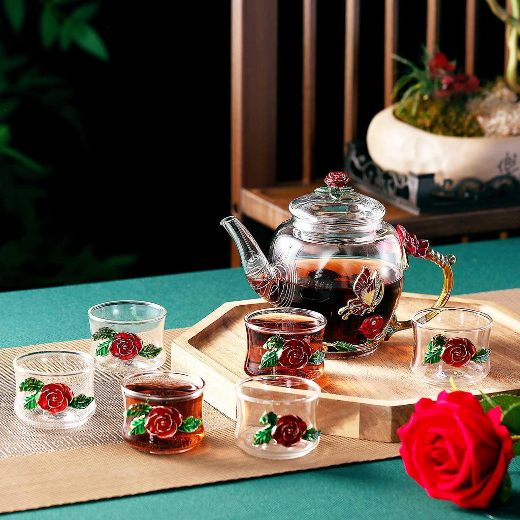 7 Pcs Floral Glass Tea Set for Women 14 oz Butterfly Vintage Teapot Set for Adults Glass Tea Gift for Valentine Spring Party Mother's Day Girlfriend Fancy Pot Cups with Gift Box(Blue)