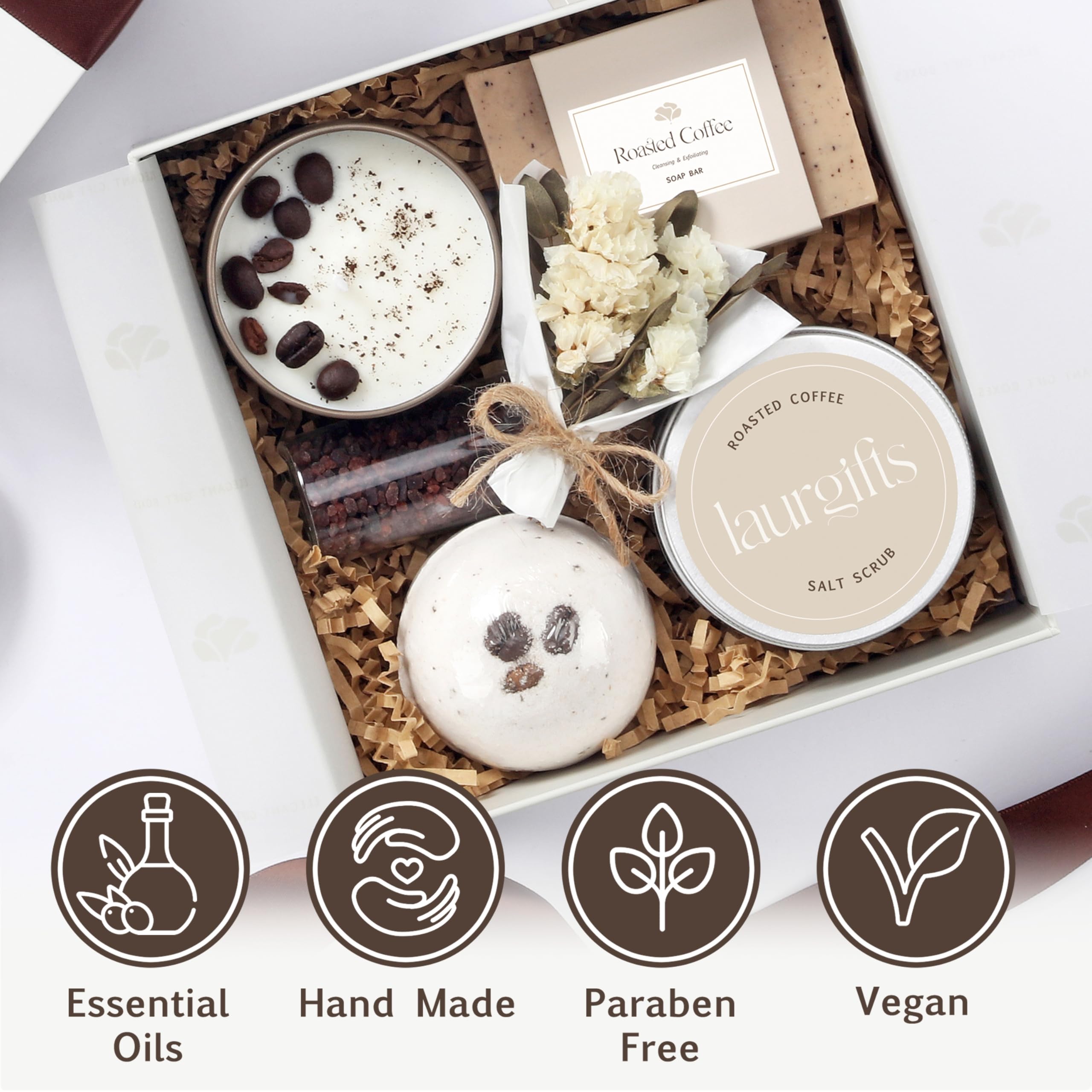 Mothers Day Spa Box for Women – Coffee Scented Candle Set with Bath Bomb & Salt Scrub, Handmade Birthday Present for Her