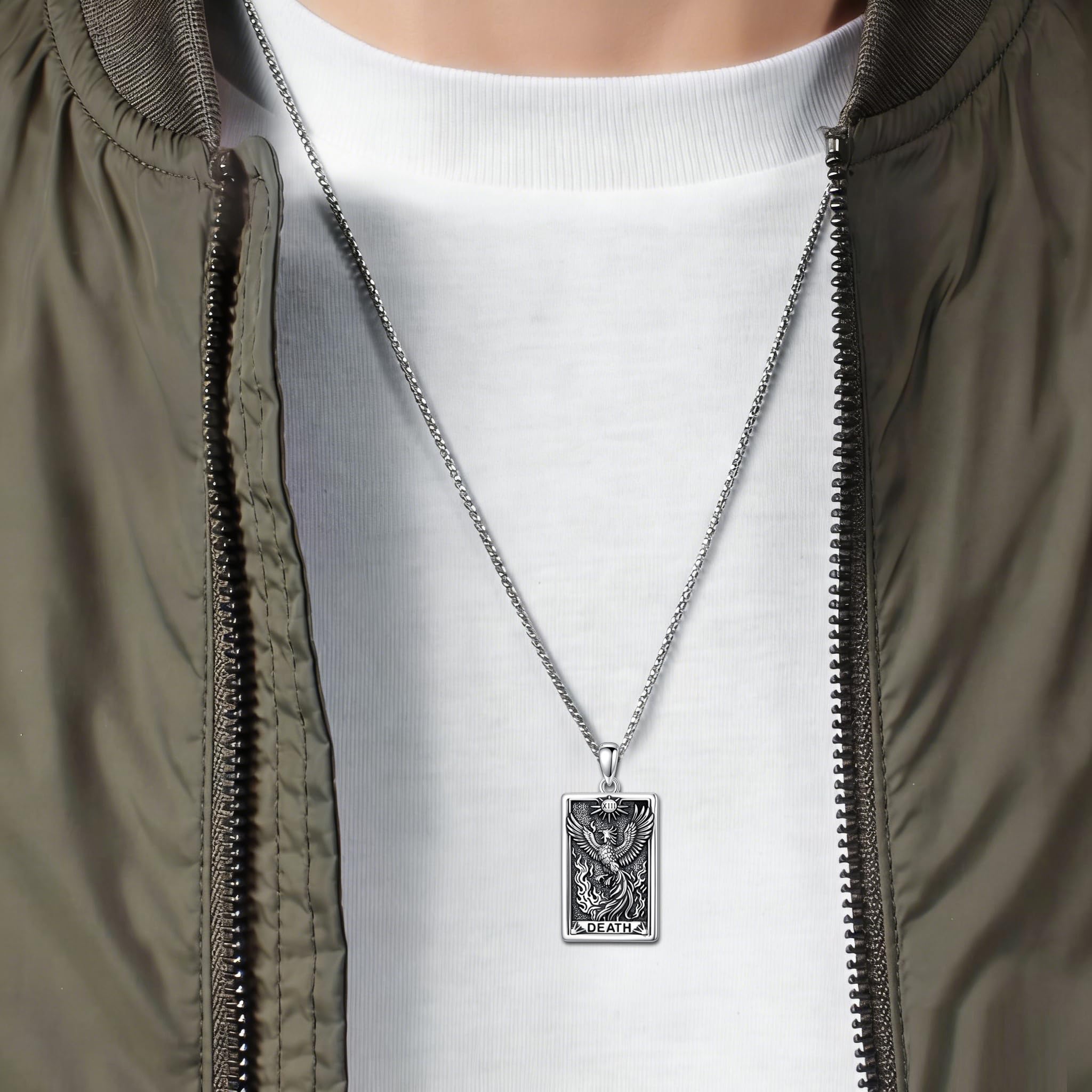 PELOVNY Phoenix Necklace 925 Sterling Silver Shield/Sword/Crystal/Tarot Card/Dog Tag/Cross/Abalone/Axe Pendant Rising Bird Jewelry for Anniversary Birthday Christmas Gifts Men Women