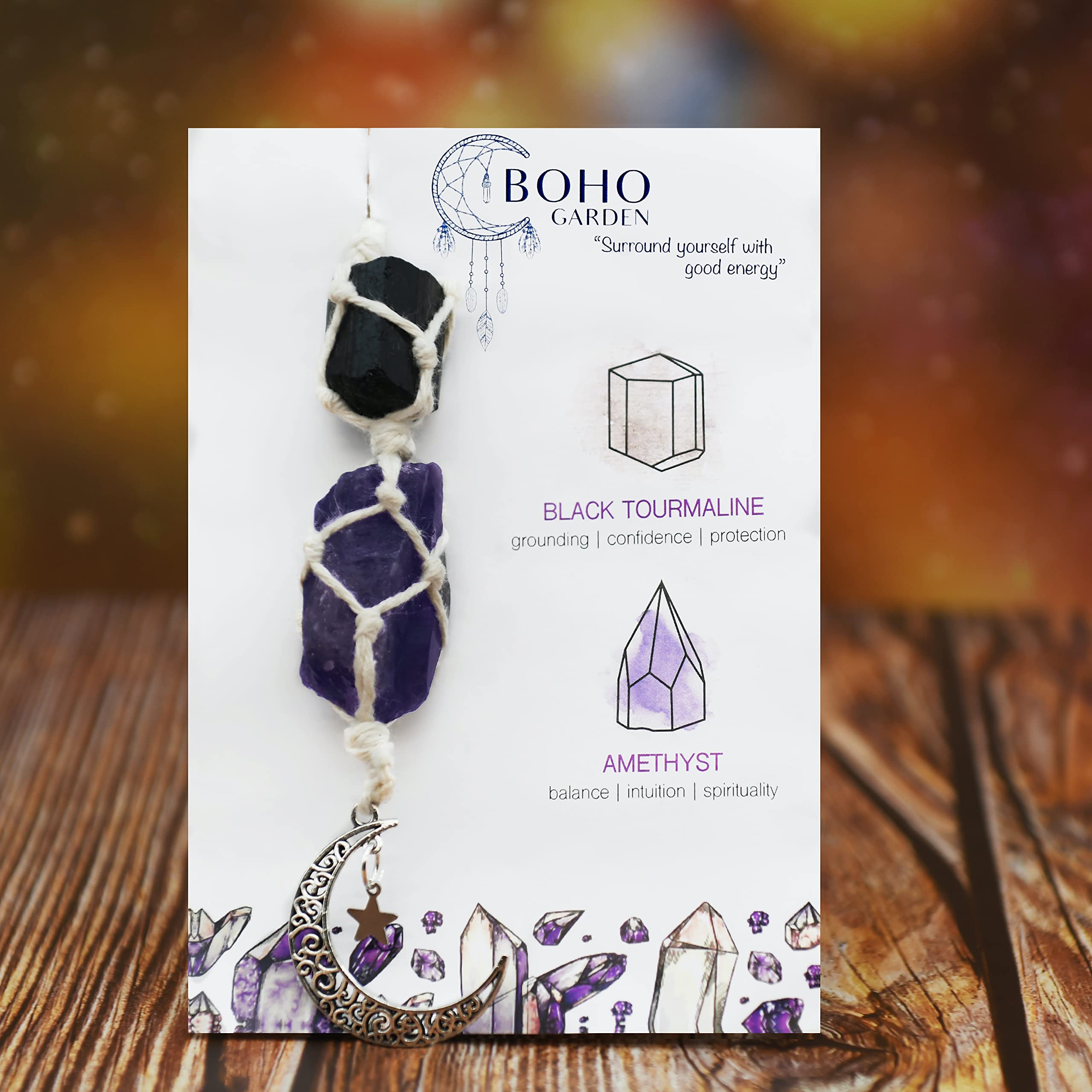 BOHO GARDEN Crystal Hanging Car Charm - Purple Rear View Mirror Hanging Car Accessories for Women, Moon Decor Hanging Ornament, Witchy Gifts and Healing Stones - Rose Quartz & Amethyst