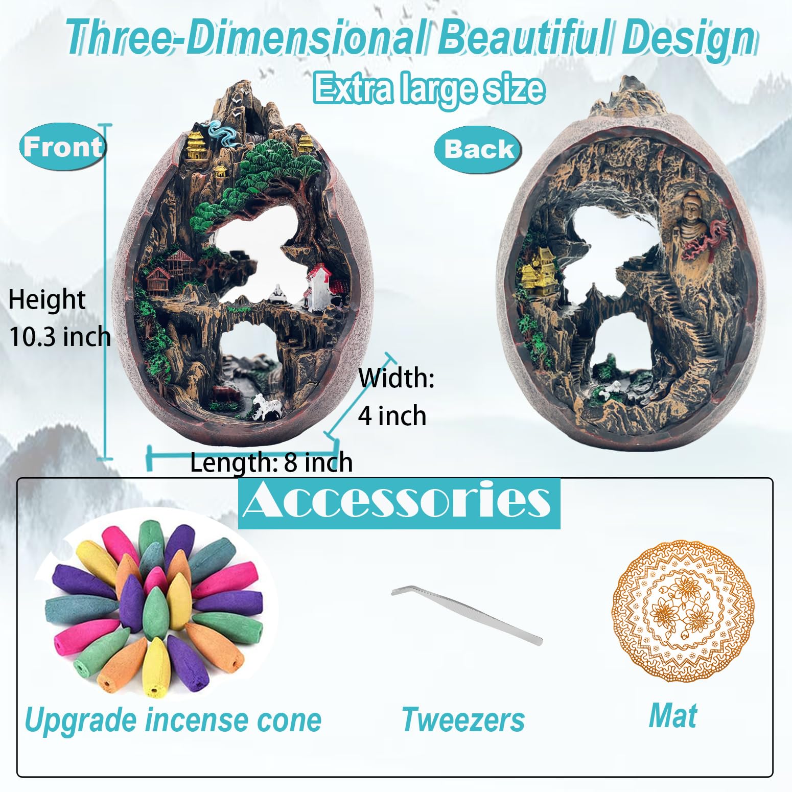 Mountain Waterfall Incense Burner，Backfall Incense Holder River, Incense Falls Meditation Decor for Room with Upgrade Incense Cones and Accessories (5in1 Palo Santo)
