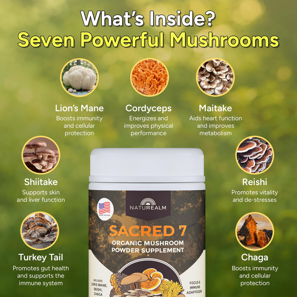 Naturealm Sacred 7 Organic Mushroom Powder Supplement | 7-Month Supply | 7-in-1 Blend with Lions Mane, Reishi, Chaga | Brain & Immune Support | 100% Fruiting Bodies for Coffee & Smoothies