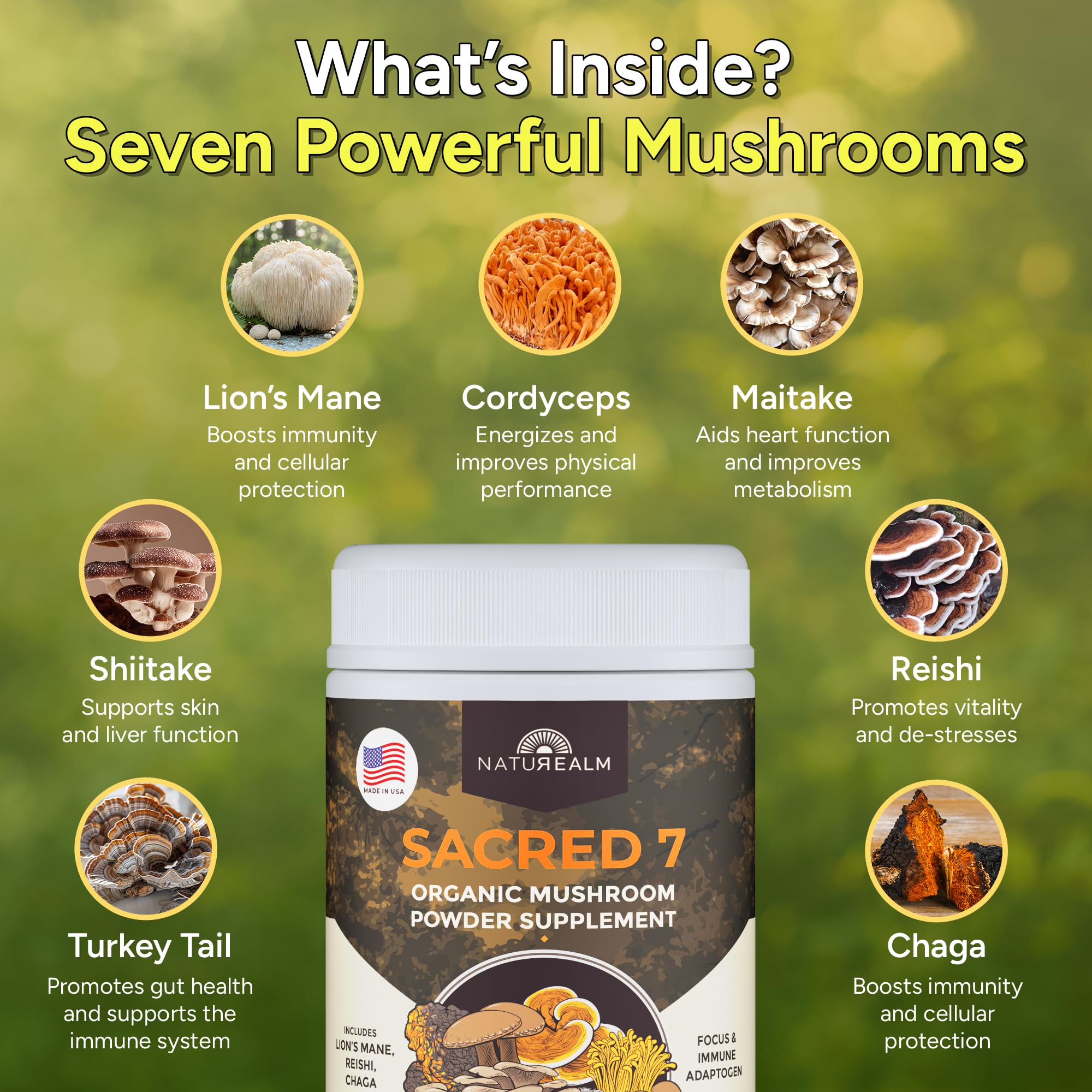 Naturealm Sacred 7 Organic Mushroom Powder Supplement | 7-Month Supply | 7-in-1 Blend with Lions Mane, Reishi, Chaga | Brain & Immune Support | 100% Fruiting Bodies for Coffee & Smoothies