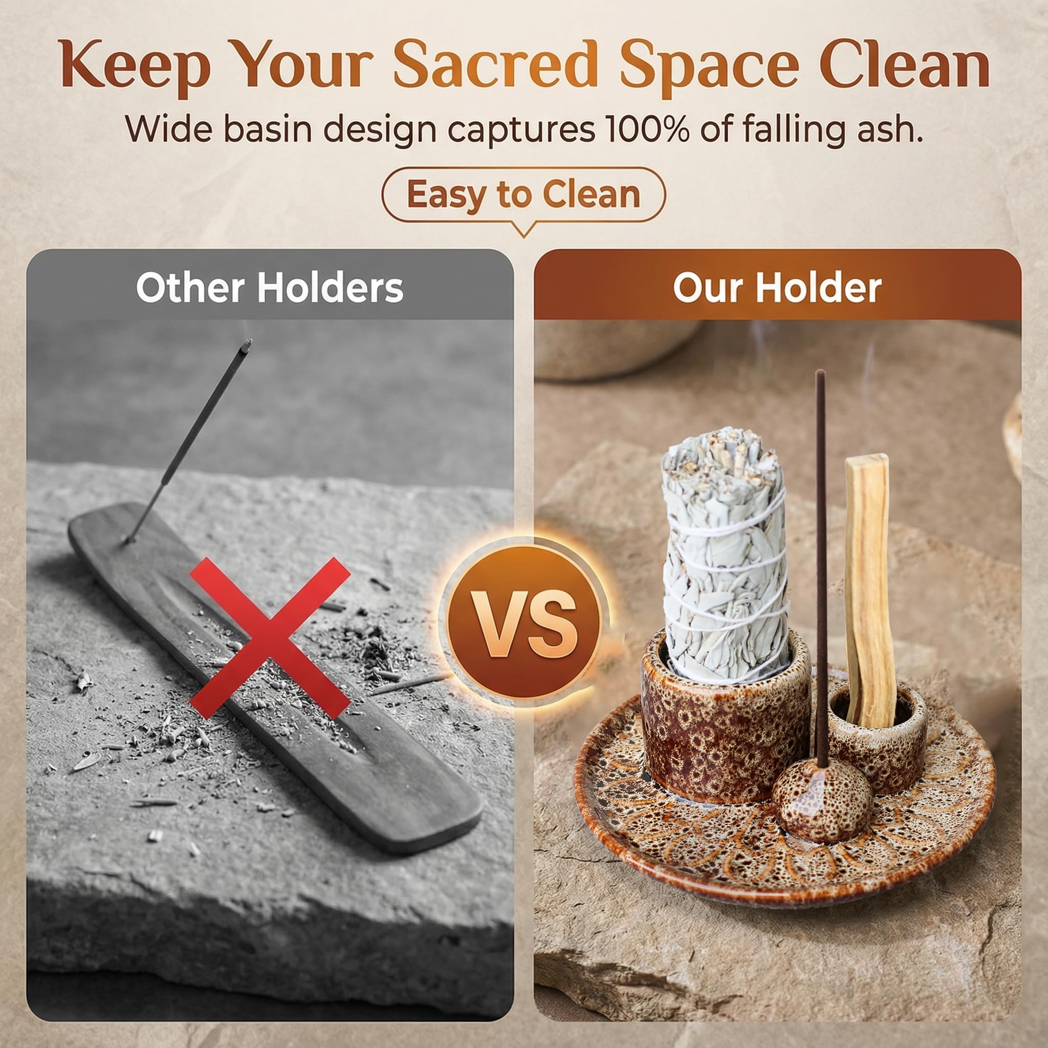 Handmade Ceramic Incense Burner for Palo Santo Incense Sticks, 4 in 1 Multi-Purpose Sage Holder for Burning, Ash Catcher Tray for Meditation Yoga Room (Golden)