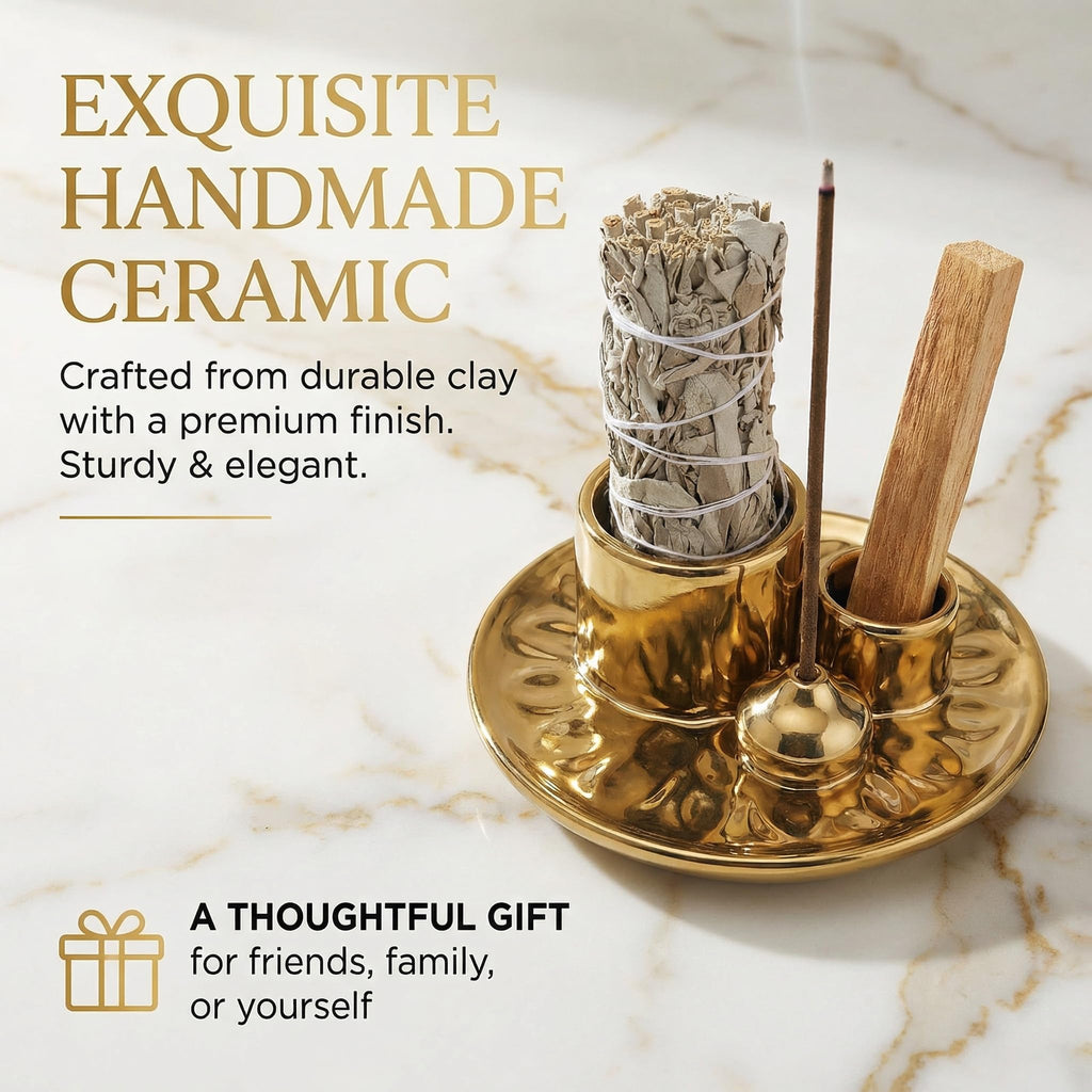 Handmade Ceramic Incense Burner for Palo Santo Incense Sticks, 4 in 1 Multi-Purpose Sage Holder for Burning, Ash Catcher Tray for Meditation Yoga Room (Golden)