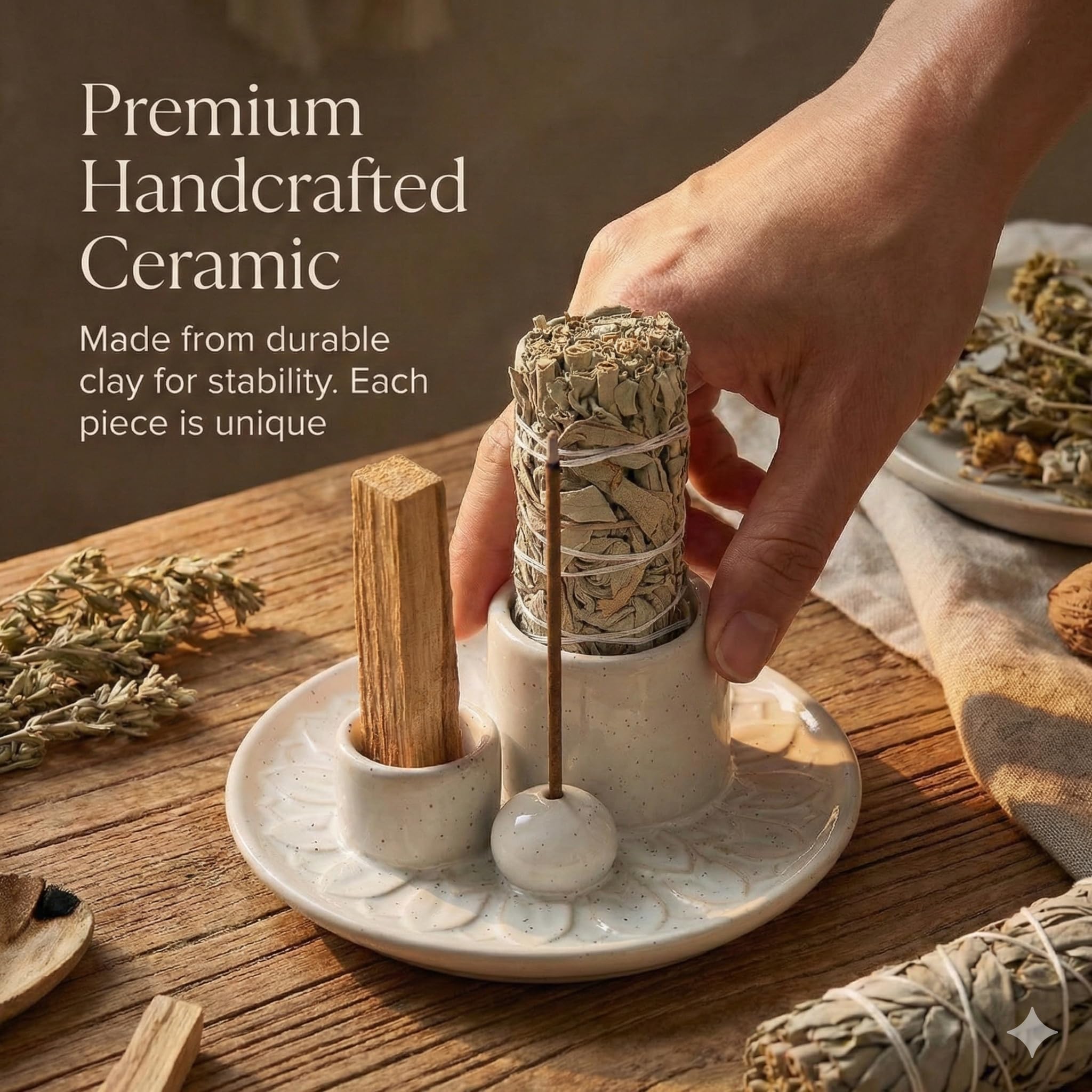 Handmade Ceramic Incense Burner for Palo Santo Incense Sticks, 4 in 1 Multi-Purpose Sage Holder for Burning, Ash Catcher Tray for Meditation Yoga Room (Golden)