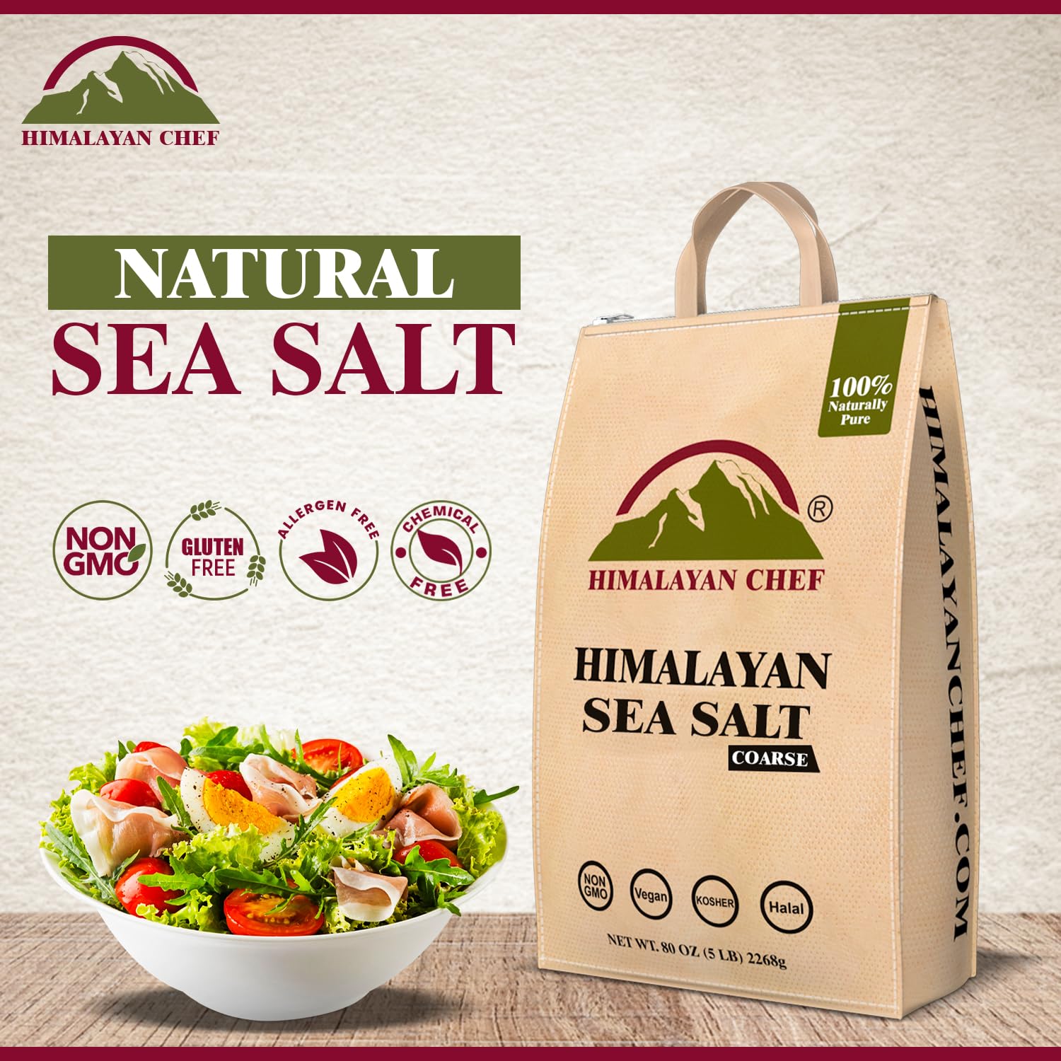 Himalayan Chef Pink Himalayan Salt Coarse Grain, 5 lbs Plastic Jar - Pure, Natural, Kosher, Mineral-Rich, Ideal for Grinder Refills, Cooking, Seasoning