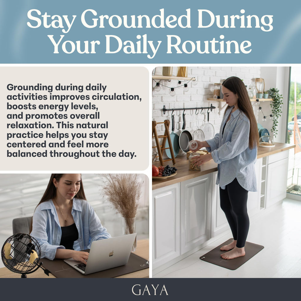 GAYA Grounding Mat for Feet, Sleep Improvement, Back Pain Relief, Muscle Relaxation & Stress, Including 15ft Cord, 100K Ohm Resistor | Conductive Carbon | Earthing Pads for Bed Couch, Desk (24''X16'')