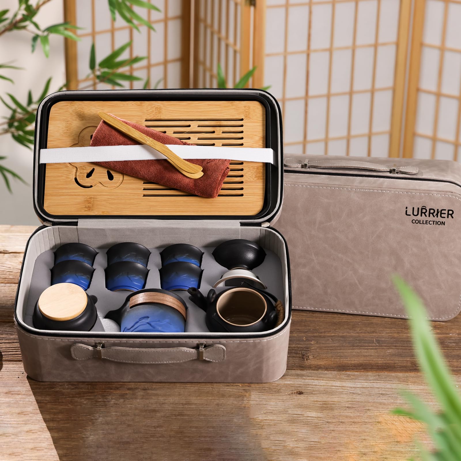LURRIER Gongfu tea sets, Portable Ceramic TeaSet, Asian Tea sets for adult, Tea Gift sets, Grey leather case, Portable Travel Bag,Home,Gifting,Outdoor and Office(Black)