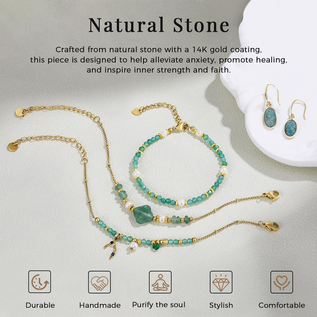 Beaded Bracelets Set for Women Stackable Healing Layered Bracelets Stack 3PCS Aquamarine Gemstone Crystal Dainty Boho Summer Jewelry for Women Natural Stone 14k Gold Plated