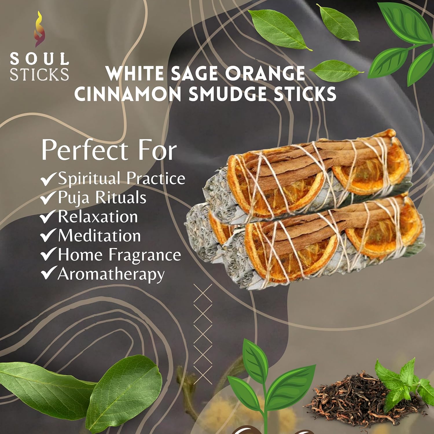 SOUL STICKS 3 Pack White Sage Orange Cinnamon Sage Smudge Sticks for Money Cleansing House, Abundance, Money, Negative Energy Cleanse, and Smudging with Starter Guide | 4 Inch Bundles